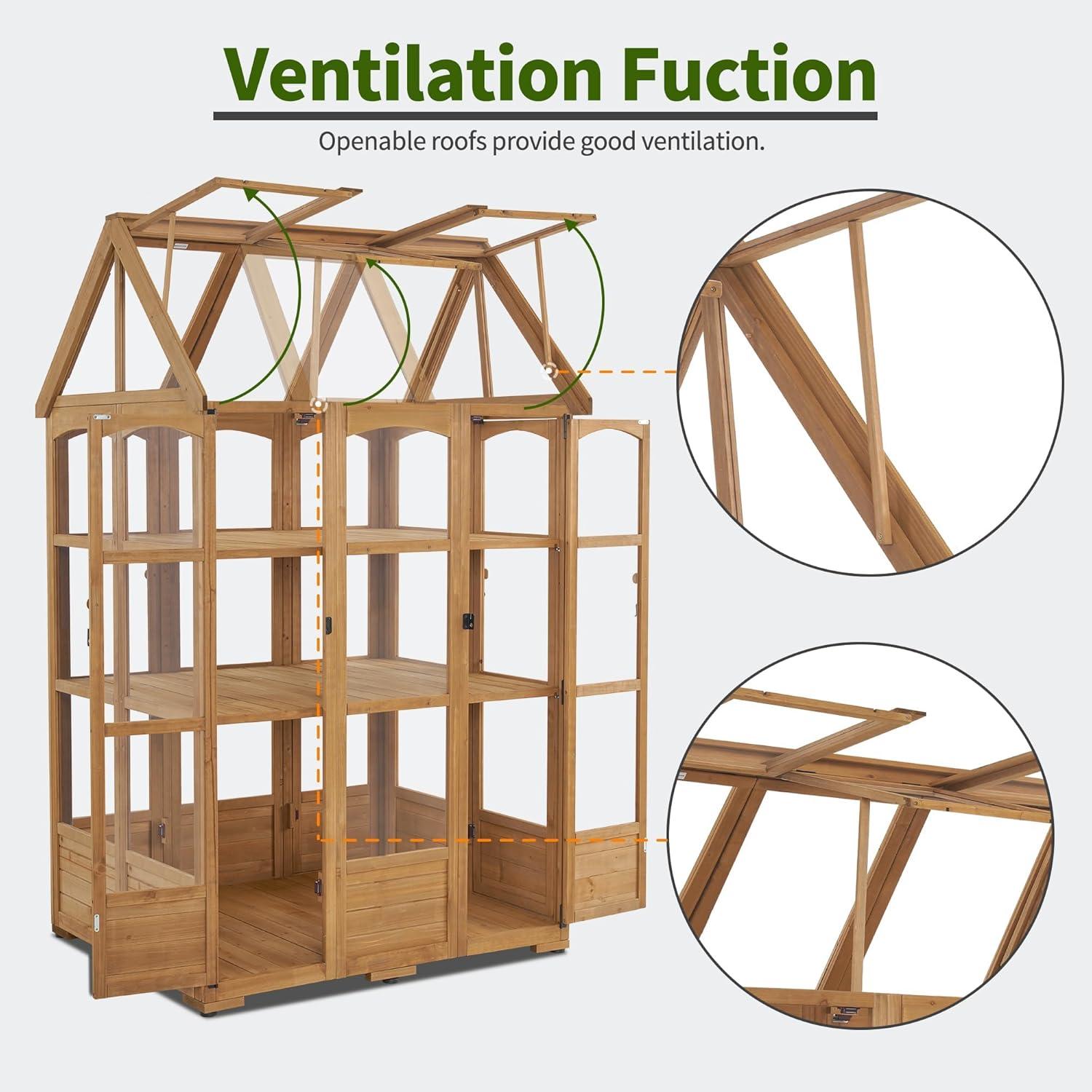4' W x 3.23' D Wooden Greenhouse，Outdoor Greenhouse with Adjustable Roof Vent and 8 Lockable Door