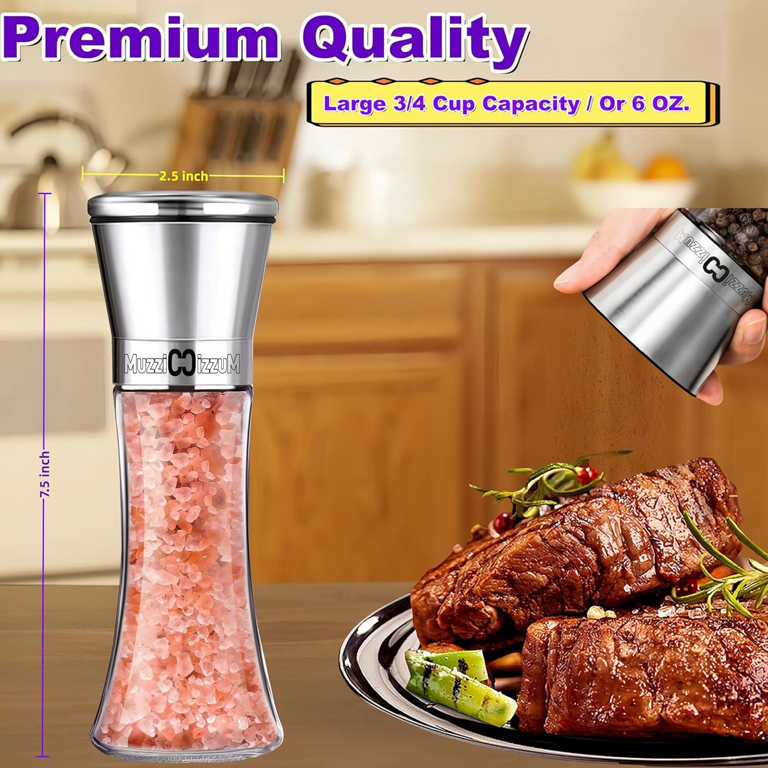 Textiles Hub Premium Salt And Pepper Grinder Set Of 2 - Two Refillable Stainless Steel Sea Salt & Spice Shakers With Adjustable Coarse Mills - Easy Clean Grinders Funnel & Cleaning Brush