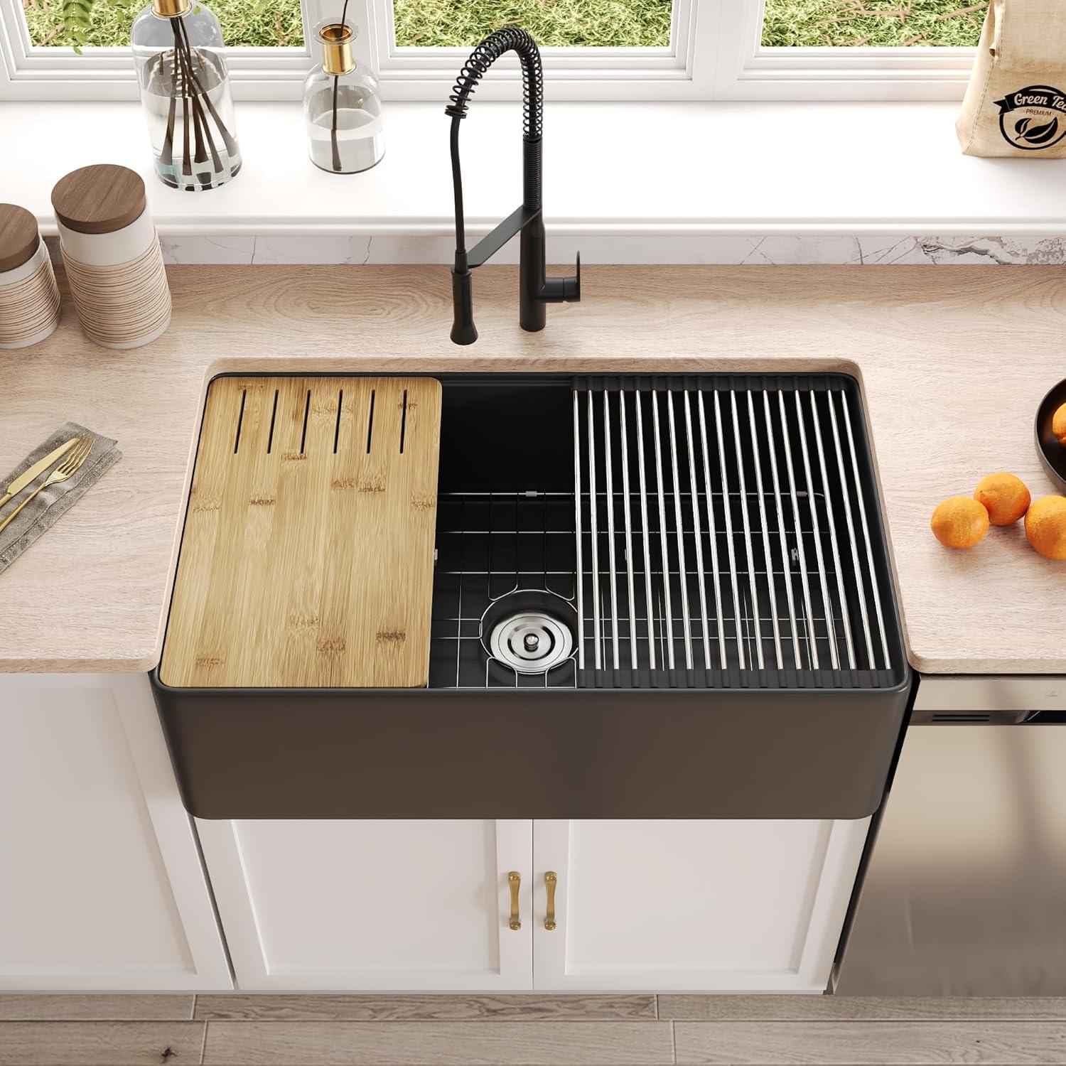 33"L x 20"W Farmhouse Kitchen Sink Deep Single Bowl Fireclay Workstation Sink with Cutting Board and Dish Drying Rack