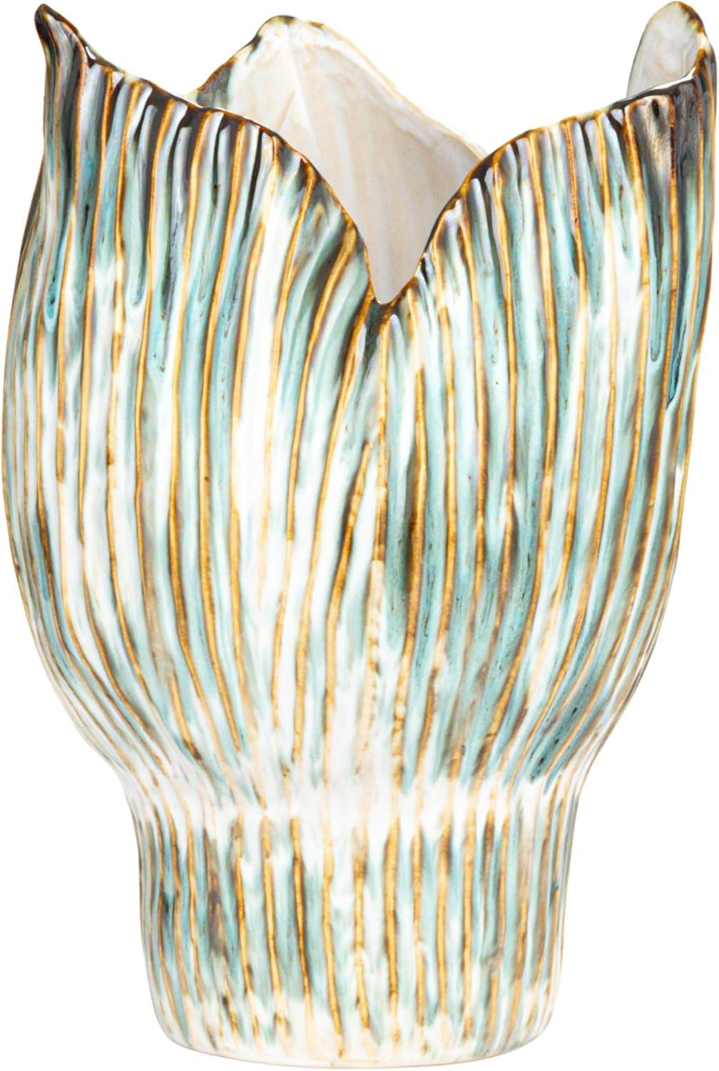 Creative Co-Op Stoneware Pleated Sculptural Vase with Reactive Glaze, Green and White