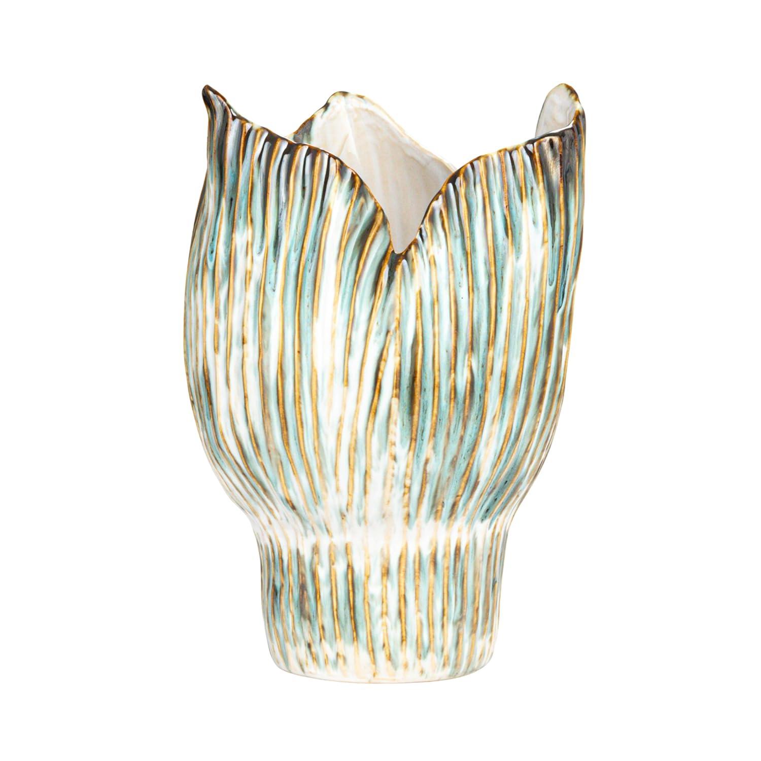 Creative Co-Op Stoneware Pleated Sculptural Vase with Reactive Glaze, Green and White