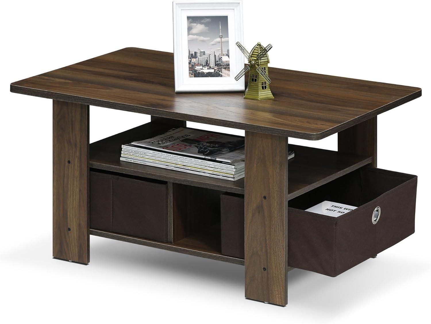 Furinno Andrey Wood Coffee Table with Bin Drawer in Columbia Walnut/Dark Brown