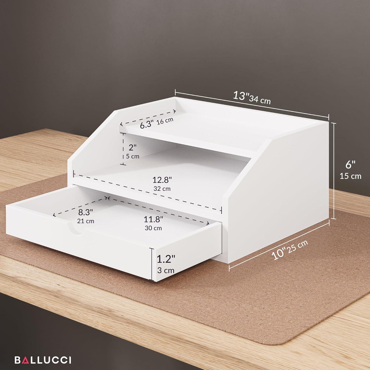 Ballucci Desk Organizer with Drawer, 2 Tier Paper Office Supplies Desk Organizer, 13 2/5" x 9 3/5" x 6", White
