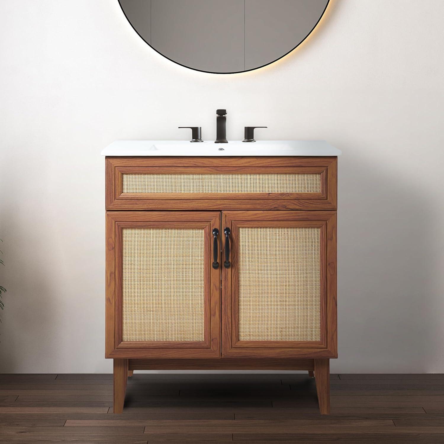 JONATHAN Y VAN1008 Javer 20 in. W x 18 in. D x 33 in. H Rattan Modern Farmhouse 2-Shelf Bath Vanity Cabinet Only (Sink Basin not Included), Oak