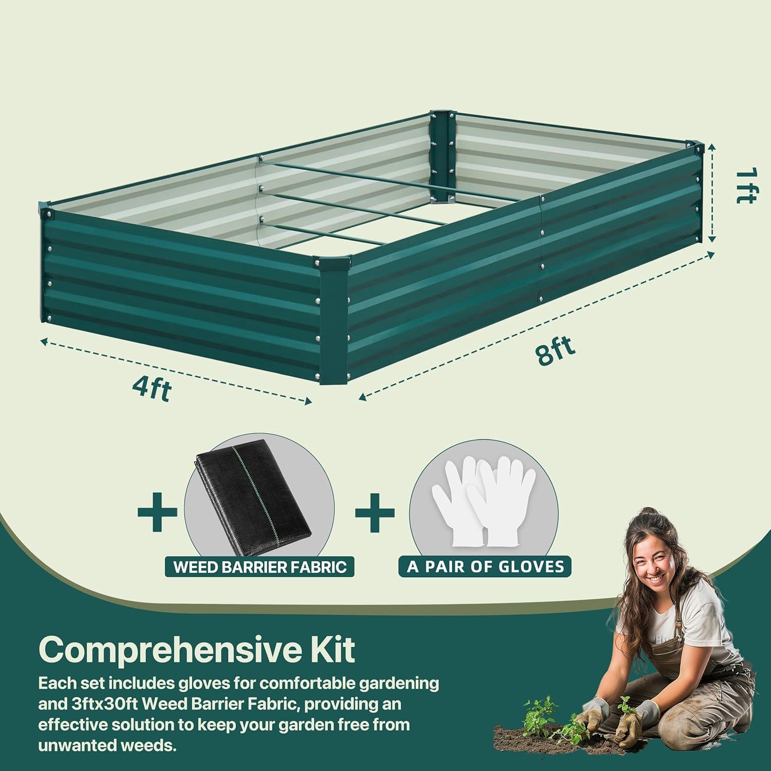 Green Galvanized Steel Outdoor Raised Garden Bed, 8x4x1FT