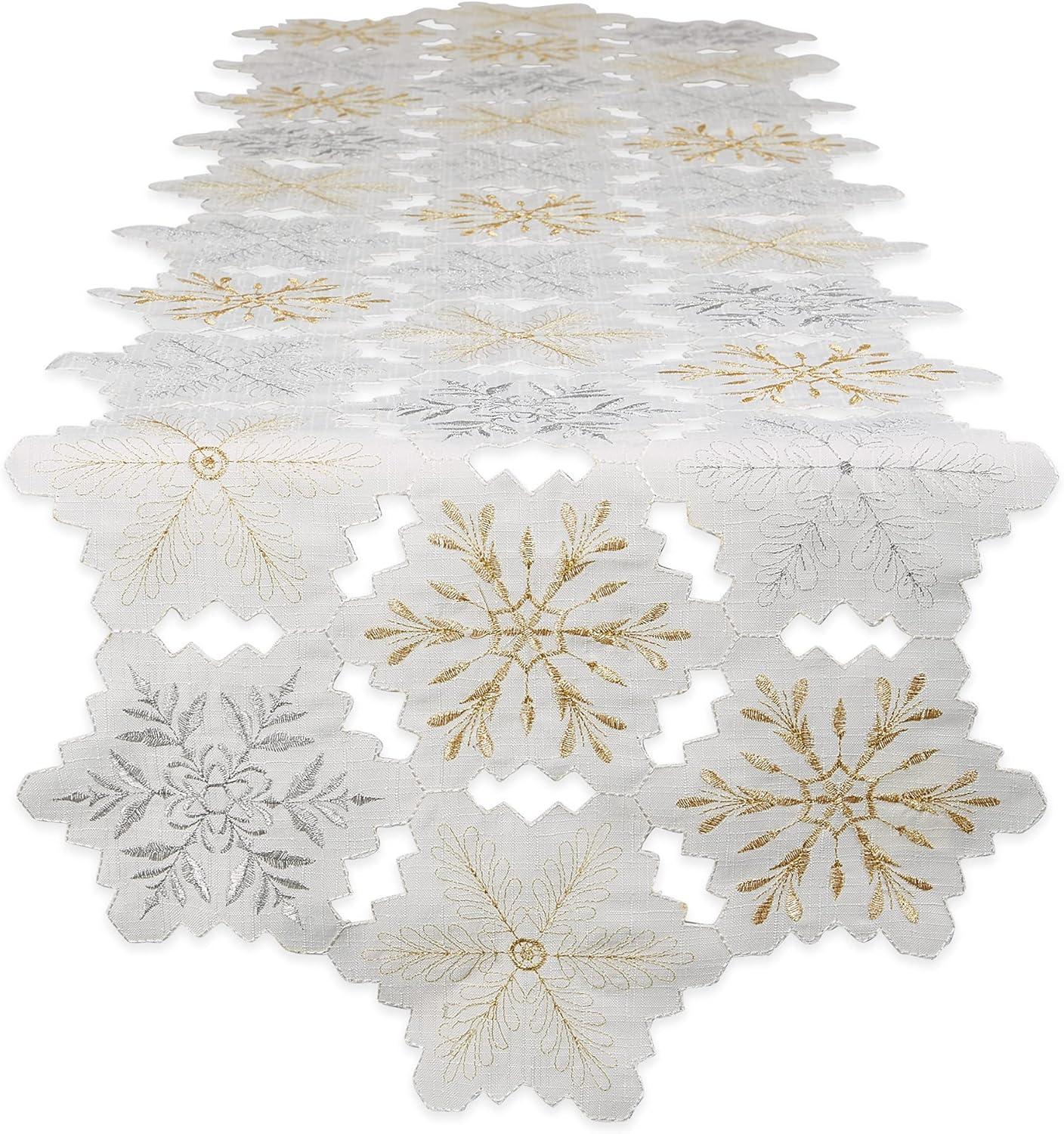 Gold and Silver Snowflakes Embroidered Polyester Table Runner, 14x108