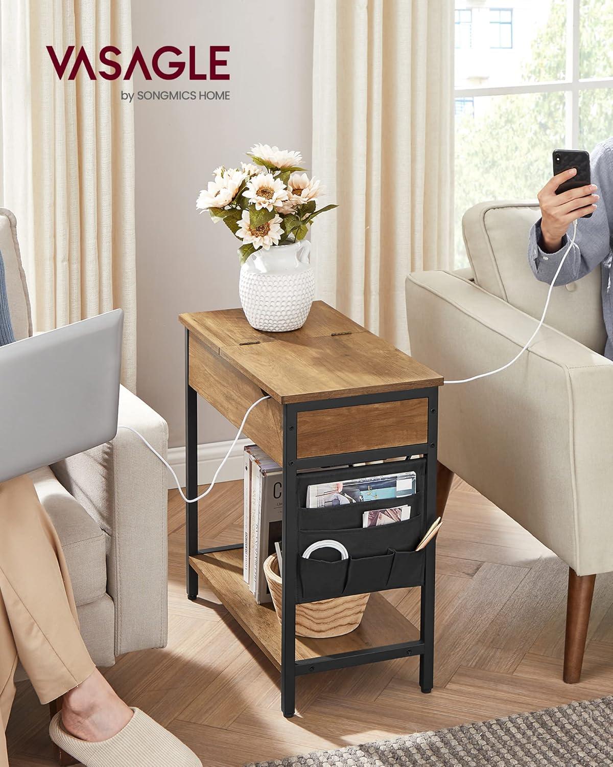 Rustic Walnut and Black Steel Side Table with Storage and Charging Station