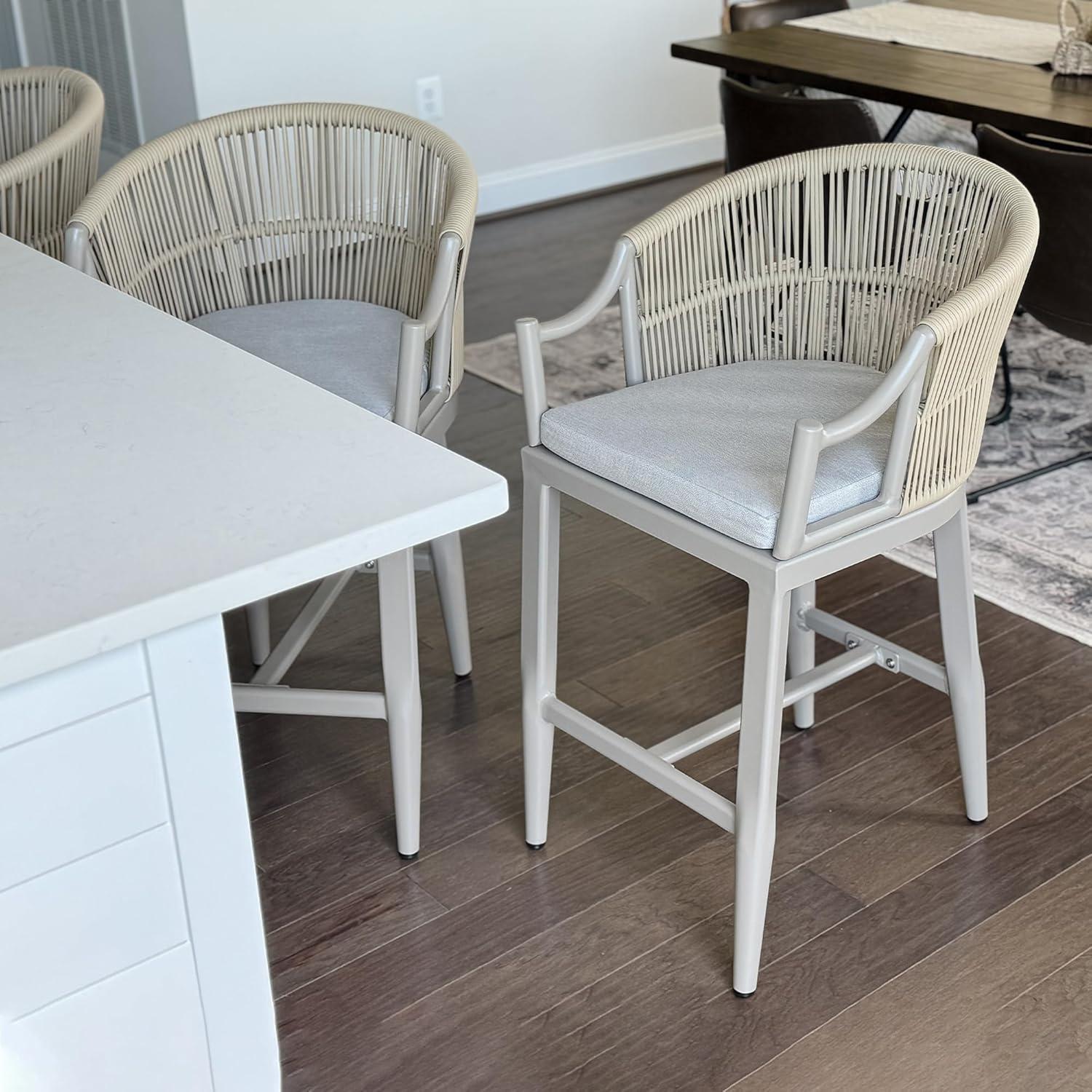 PURPLE LEAF Counter Height Bar Stools Set of 2 Patio Rattan Bar Stool Chairs Outdoor Modern Boho Barstools with Backs and Ergonomic Armrest for Balcony Garden Indoor Kitchen Island, Champagne