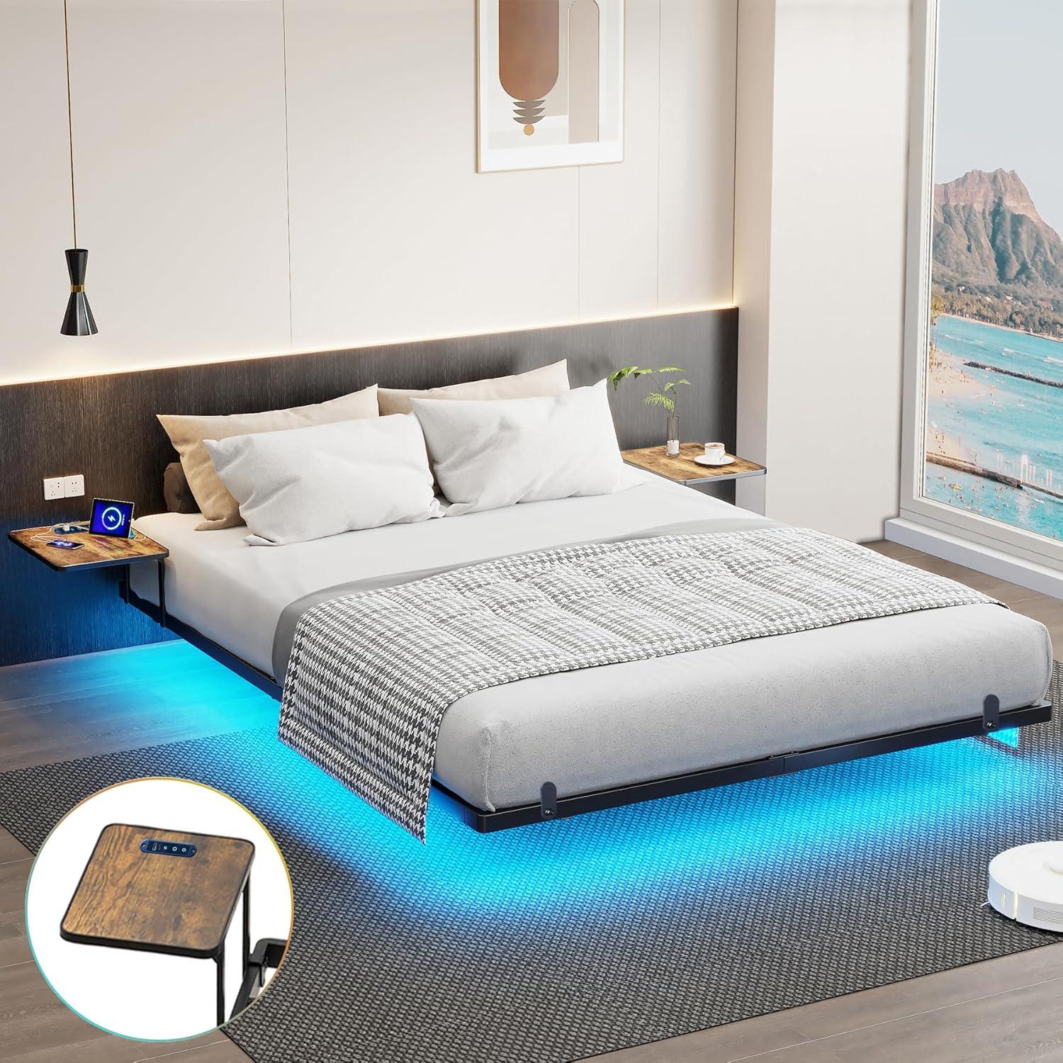 Alwyn Home Floating Bed Frame With Led Lights Metal Platform Bed, No Squeak