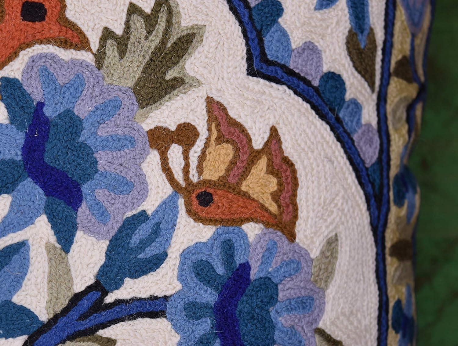 Teal Blue Embroidered Cotton Euro Pillowcase with Birds