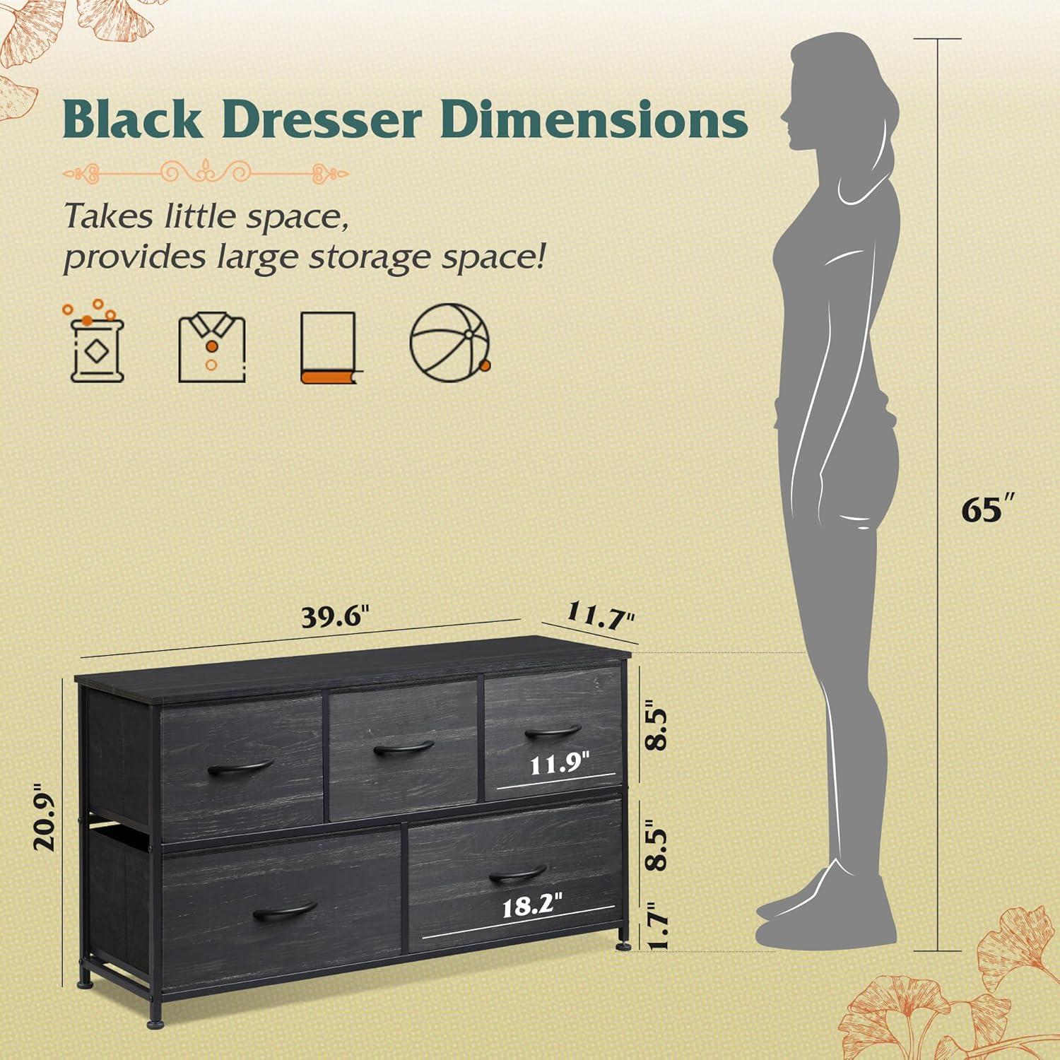 EDX 5 Drawer Dresser, Wide Chest Of Drawers Nightstand Storage Tower Storage Dresser Fabric Dresser With Wood Top for Living Room, Bedroom, Hallway,Black