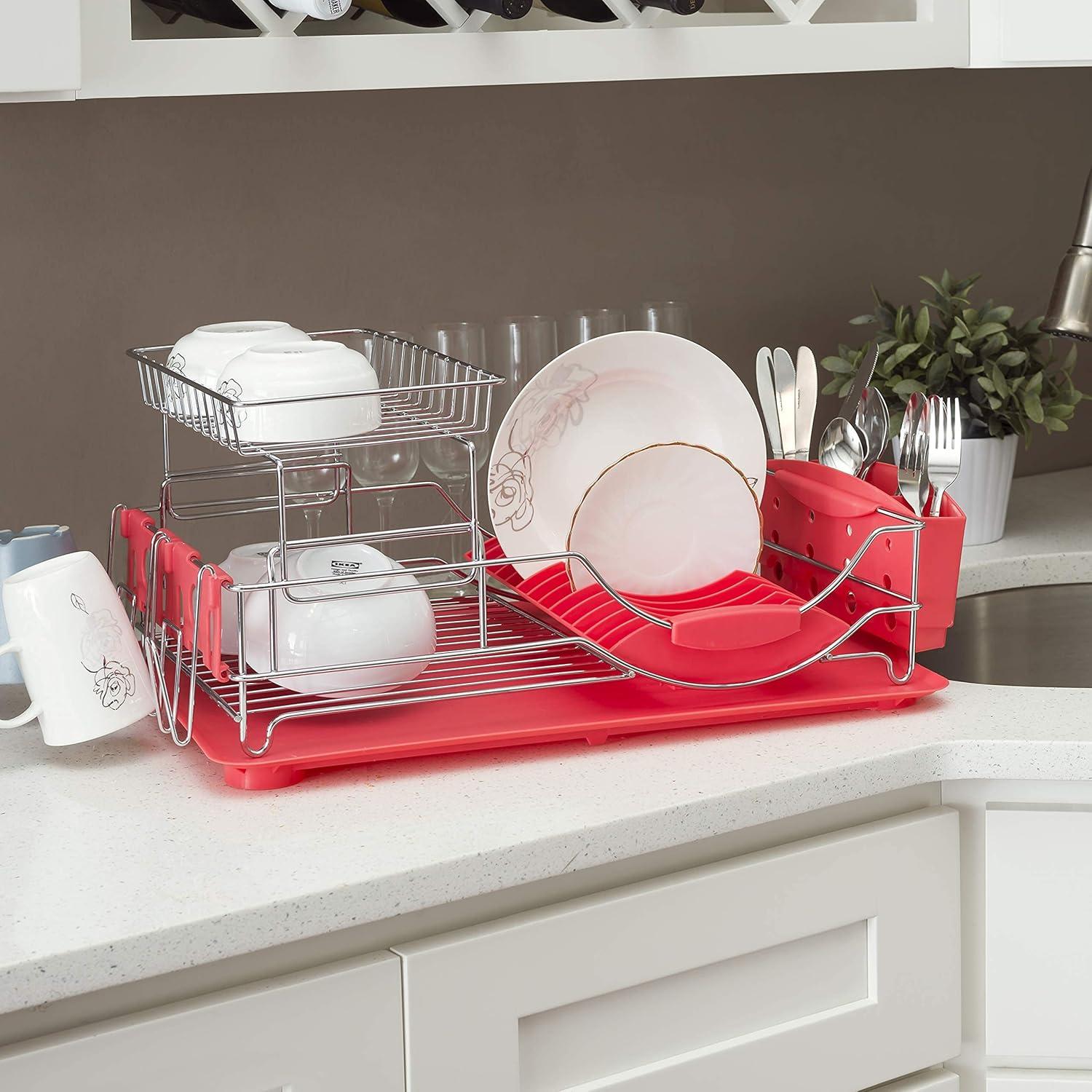 Red 2-Tier Metal Dish Drying Rack with Utensil Cup