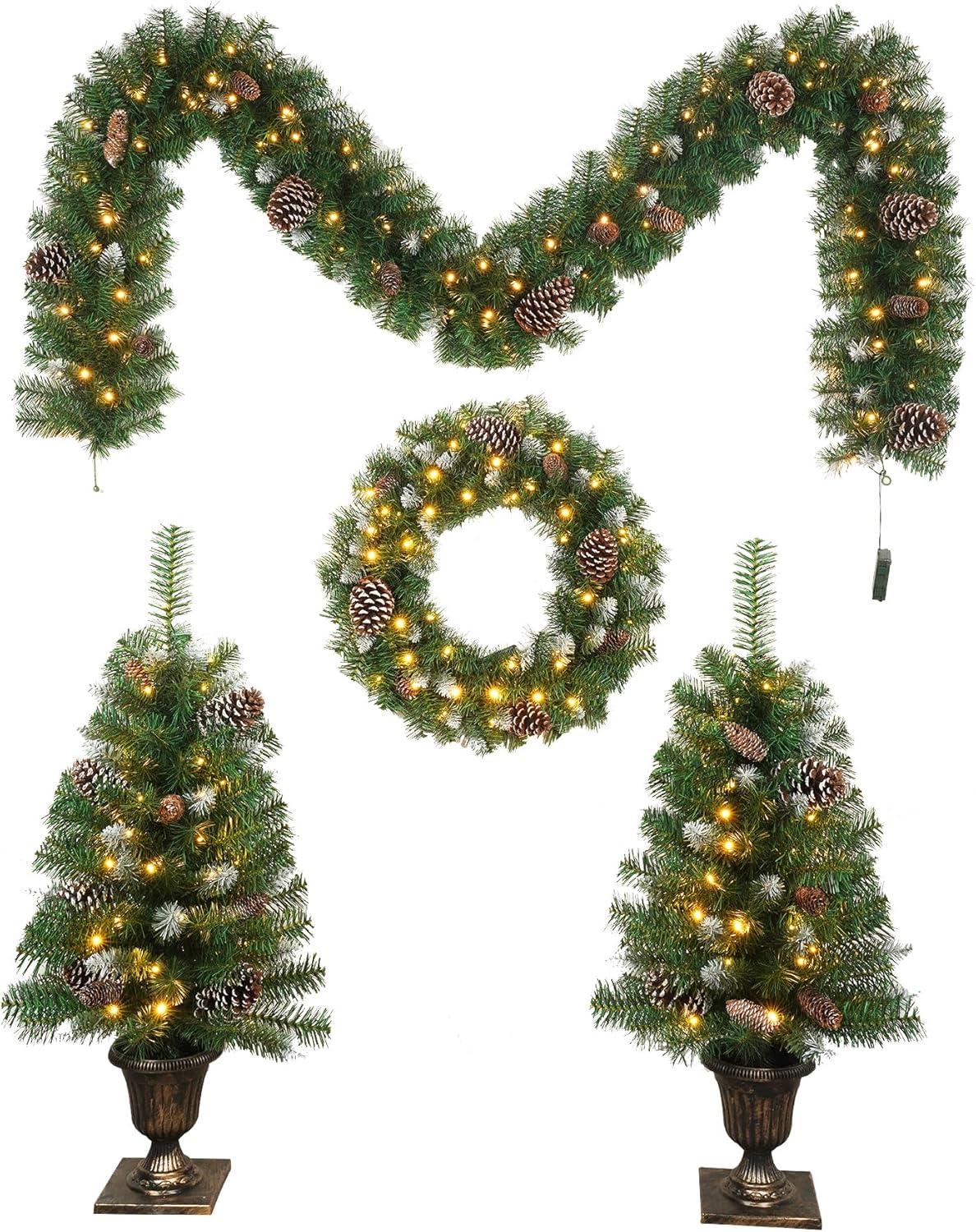 Huloretions 4Pcs Lighted Pre Lit Christmas Tree Wreath Garland Set,Christmas Tree Wreath Garland Set With Lighted,Xmas Porch Decoration,Artificial Christmas Tree Celebrating Set For Door Fireplace Sta