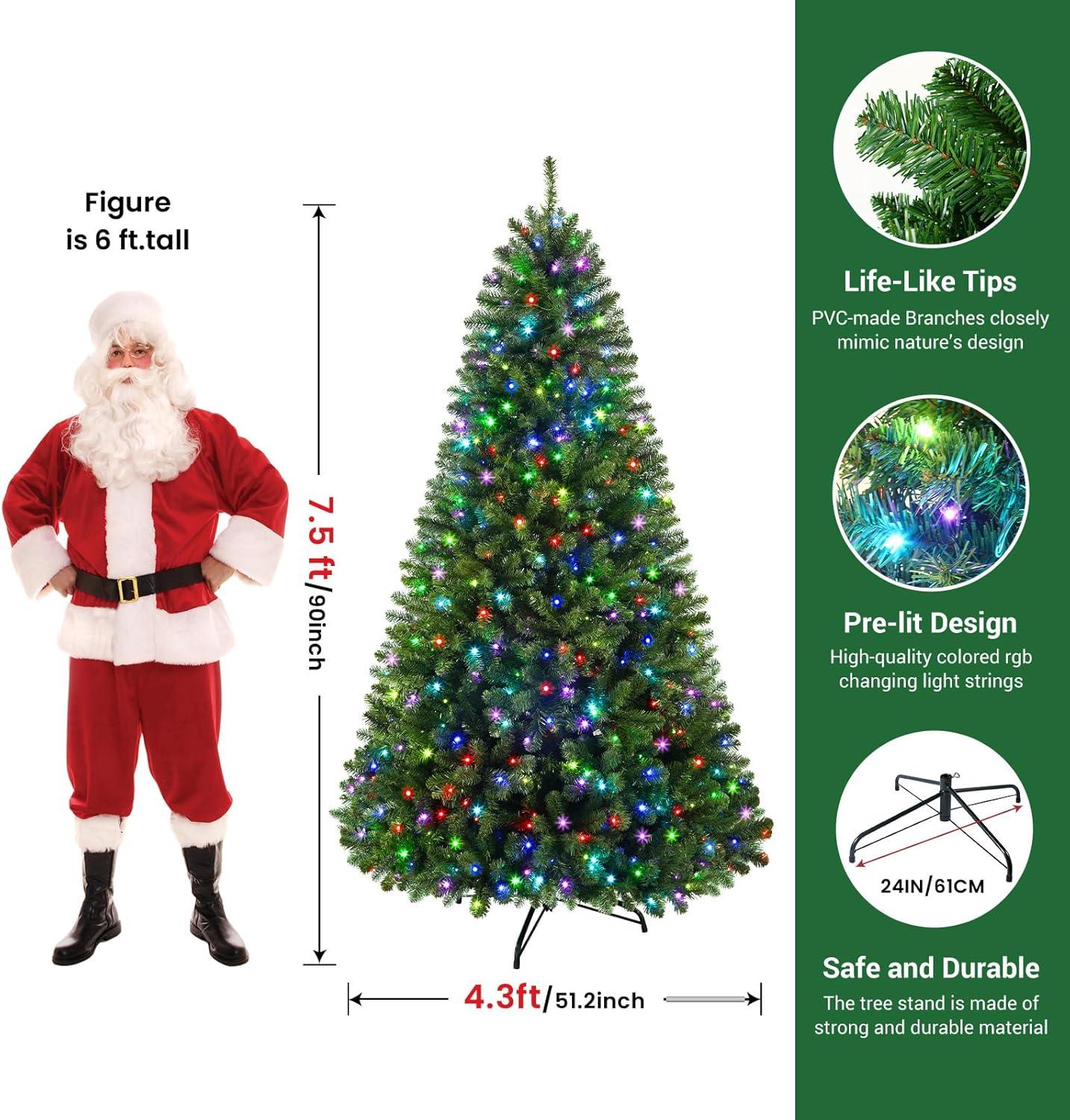 RTB-SHareconn 7.5ft Prelit Premium Artificial Hinged Christmas Tree with 470 RGB Lights, 1264 Branch Tips and Foldable Metal Stand, Perfect Choice for Xmas Decoration, 7.5 FT, Green