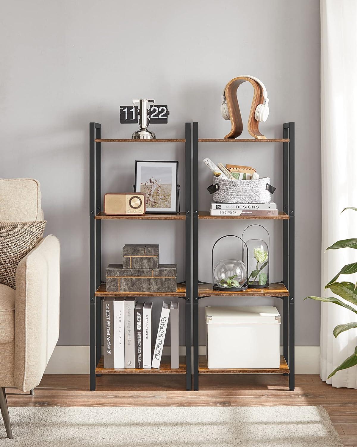 Rustic Brown and Black 4-Tier Adjustable Bookshelf