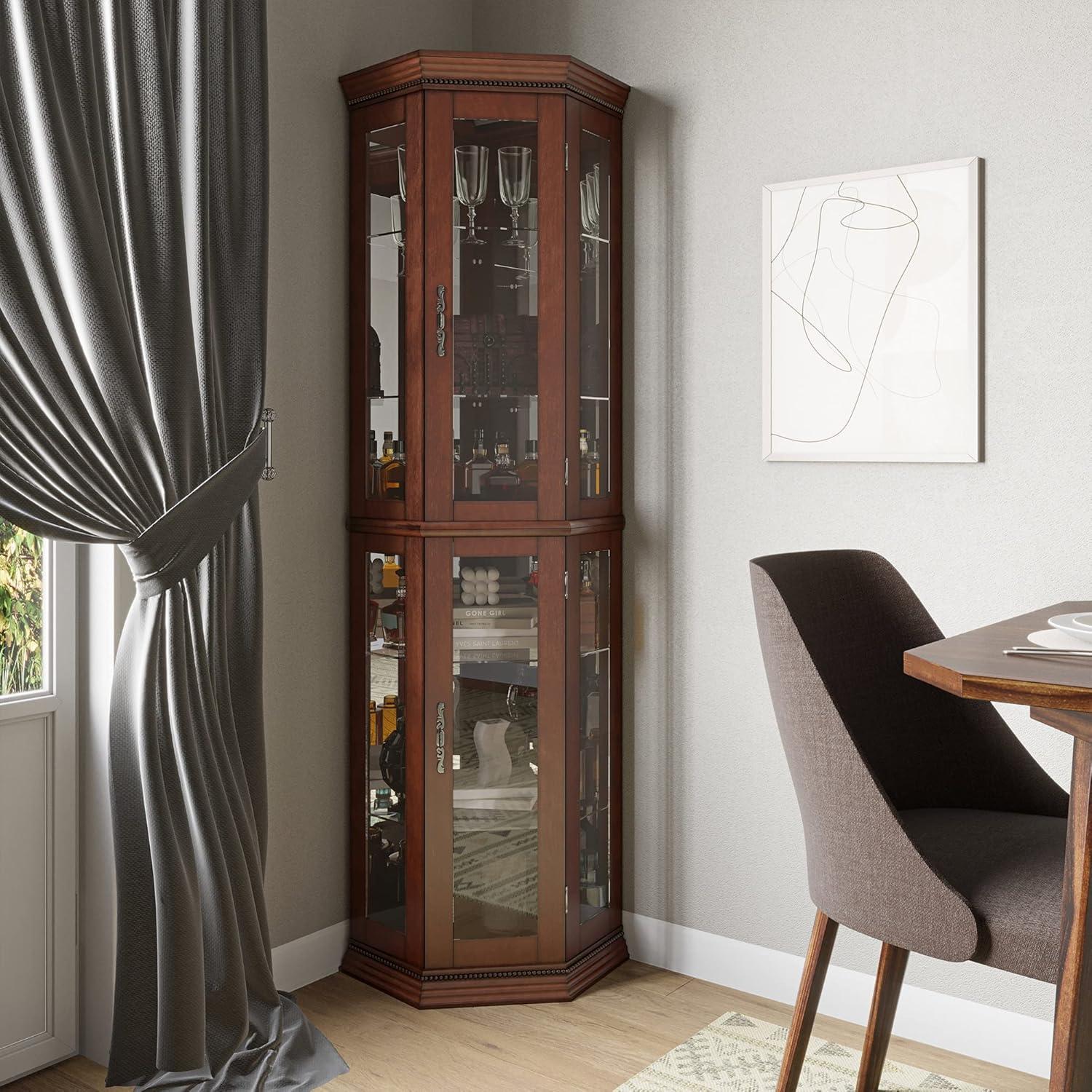 Walnut Lighted Corner Curio Cabinet with Glass Doors