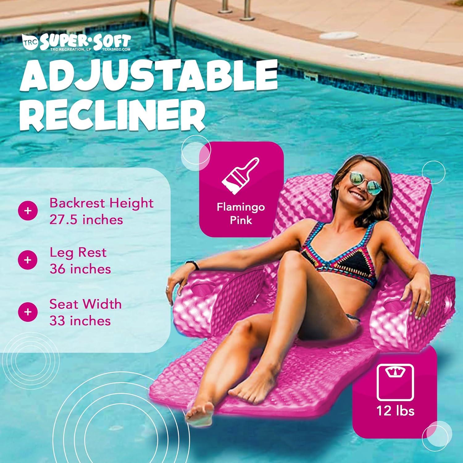TRC Recreation Super Soft Adjustable Pool Recliner Float Portable Comfortable Chair Lounger with Cup Holders for Swimming Pool Essentials, Pink