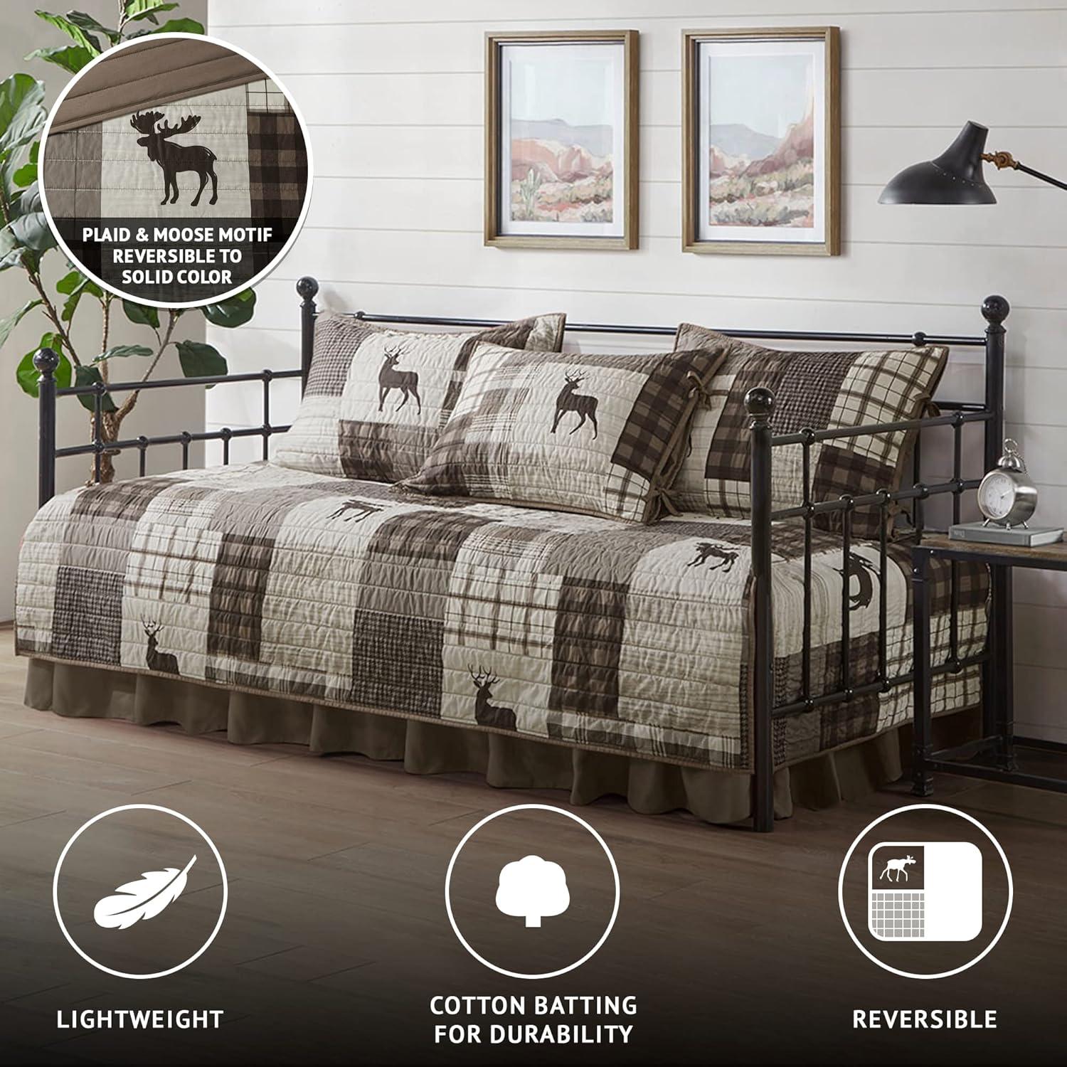 Woolrich Daybed Cover Set - Cabin Lifestyle, Patchwork with Moose Design All Season, Lightweight and Breathable Cozy Bedding Layer with Bedskirt, Matching Shams, 39" W x 75" L, Woodshed Brown 5 Piece