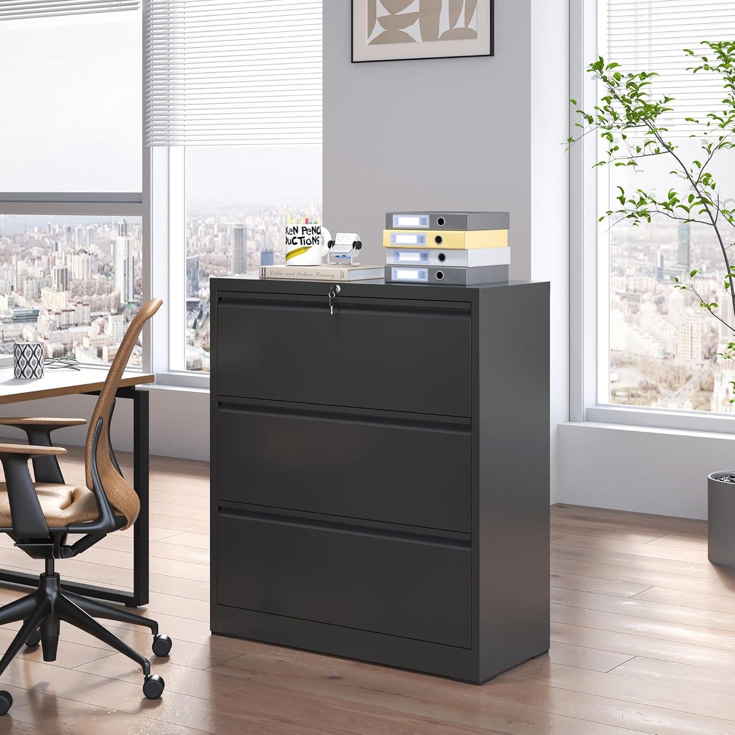 Black Steel 3-Drawer Lockable Lateral Filing Cabinet