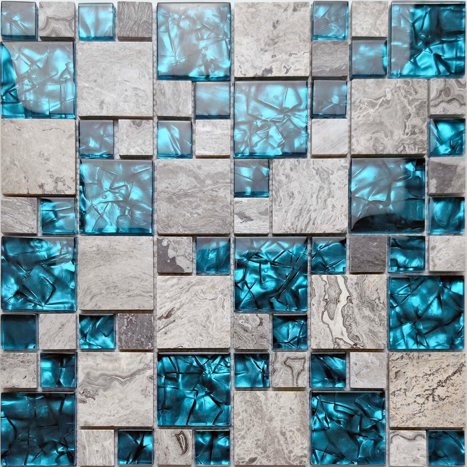 Premium Teal Blue Crystal Glass & Grey Stone Tile Modern Bathroom Shower Wall Versaille Patterns Mosaic for Kitchen Fireplace Decor (3"x12" Sample)