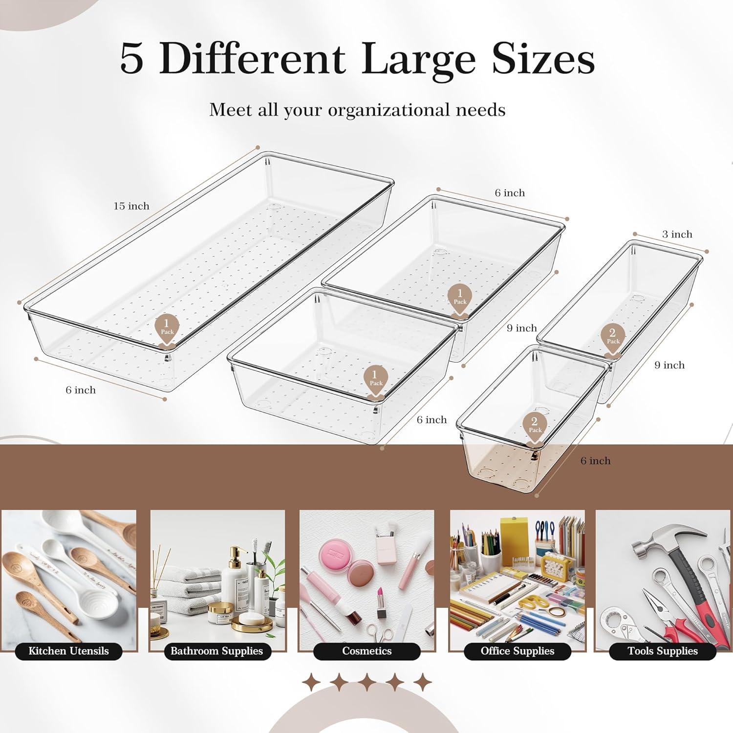 ihomecooker 3 Pack Clear Plastic Drawer Organizer Tray Cutlery Utensil Makeups Drawer Silverware Organizers 12" X 6"… (6P(6X6+6X9+6X15))