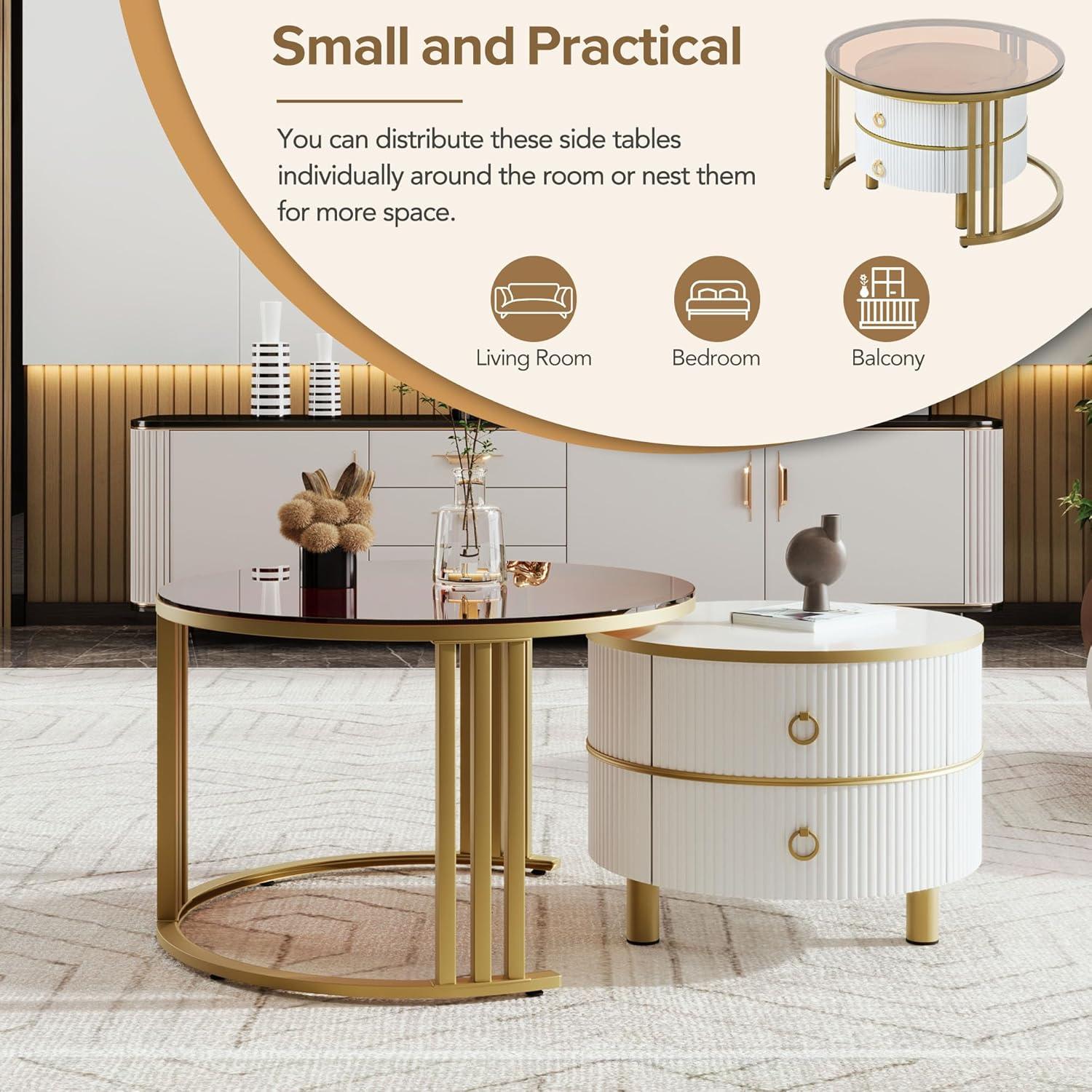 Modern Round Nesting Coffee Table Fluted with Drawer Multiple End Tables Utility Table Telephone Table for Living Room Office Bedroom Balcony, White & Gold
