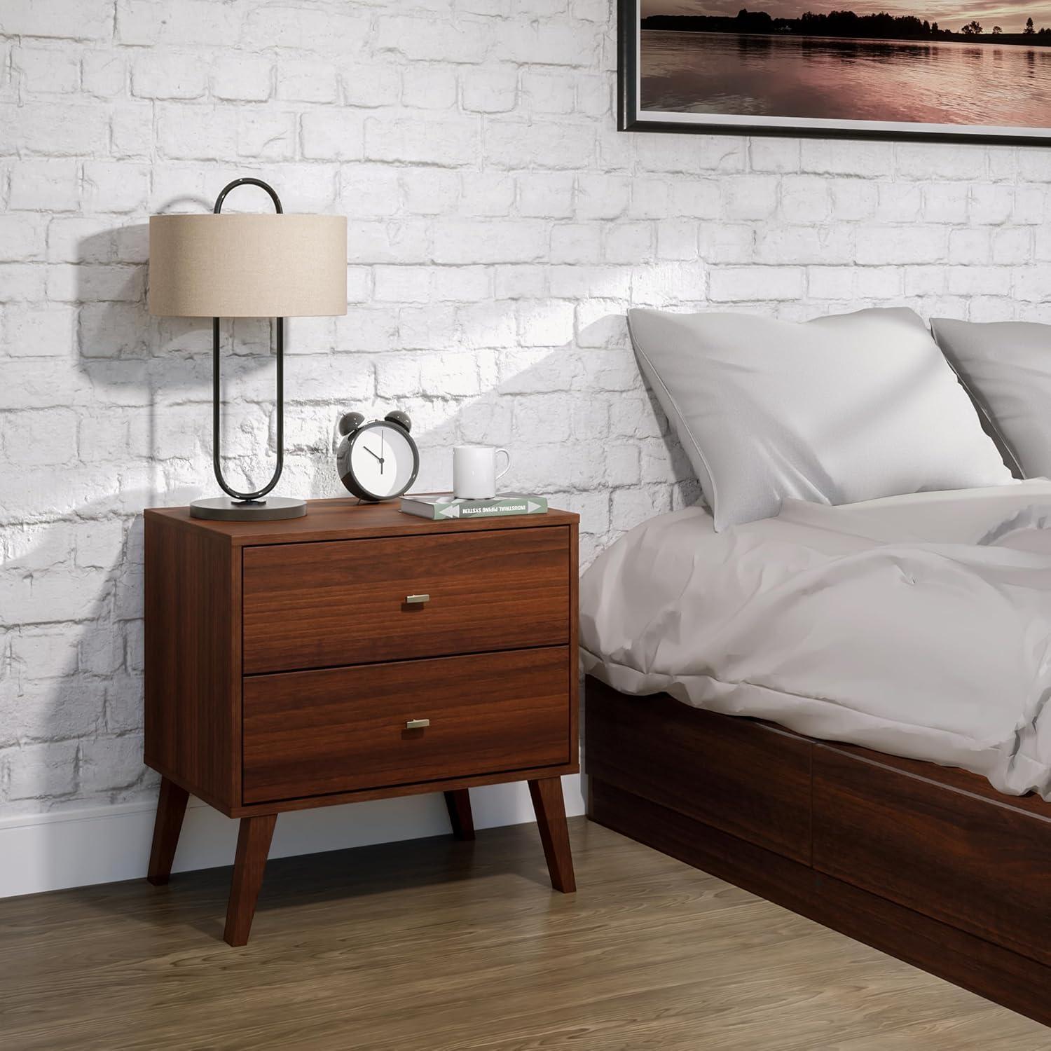 Milo Mid Century Modern 2 Drawer Nightstand Cherry - Prepac: Brushed Brass Knobs, Tapered Legs