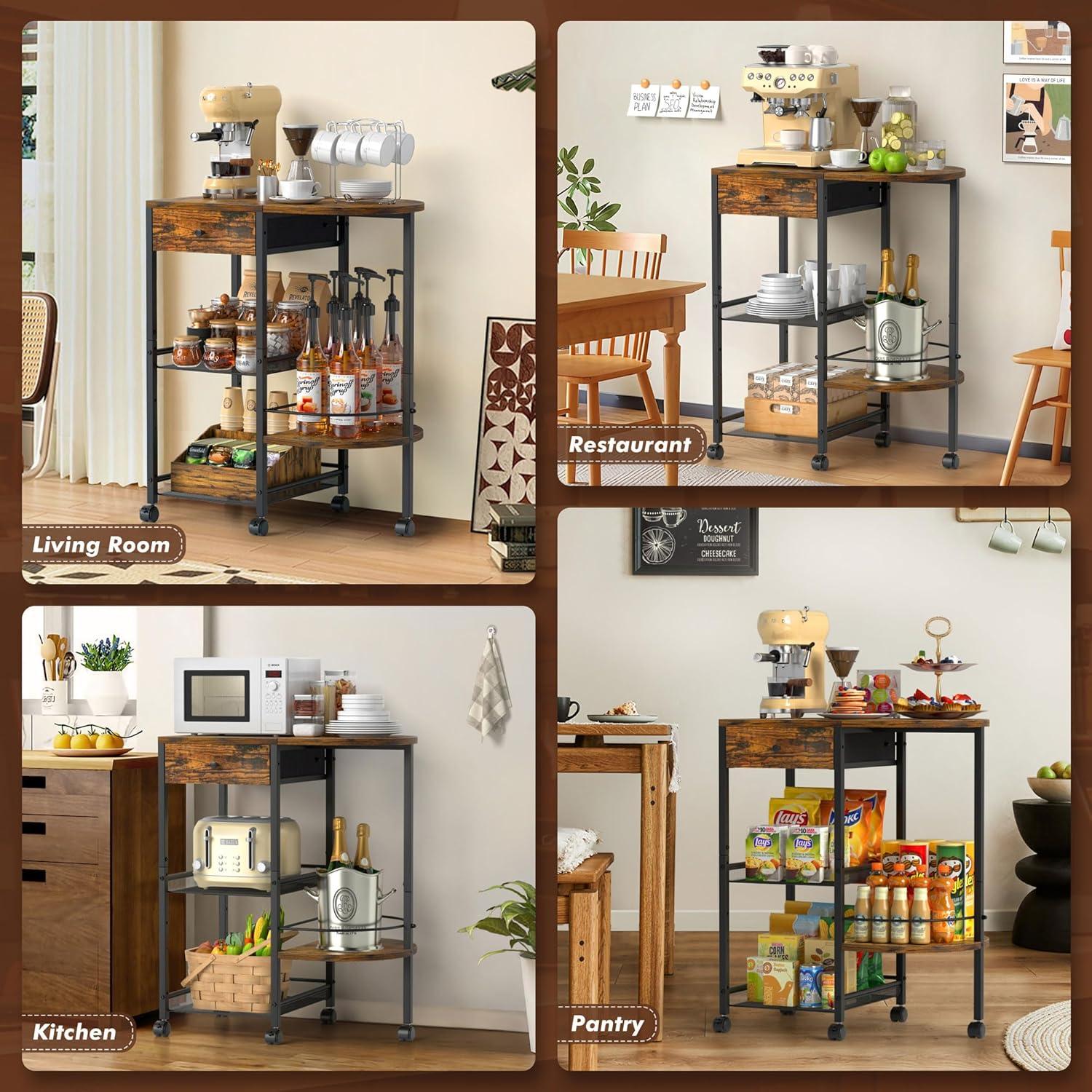 VINAEMO Coffee Bar Station with Wheels and Storage Drawer,15.35'' Deeper Large Coffee Bar Table Stand for Kitchen Office Living Room,Rustic Brown