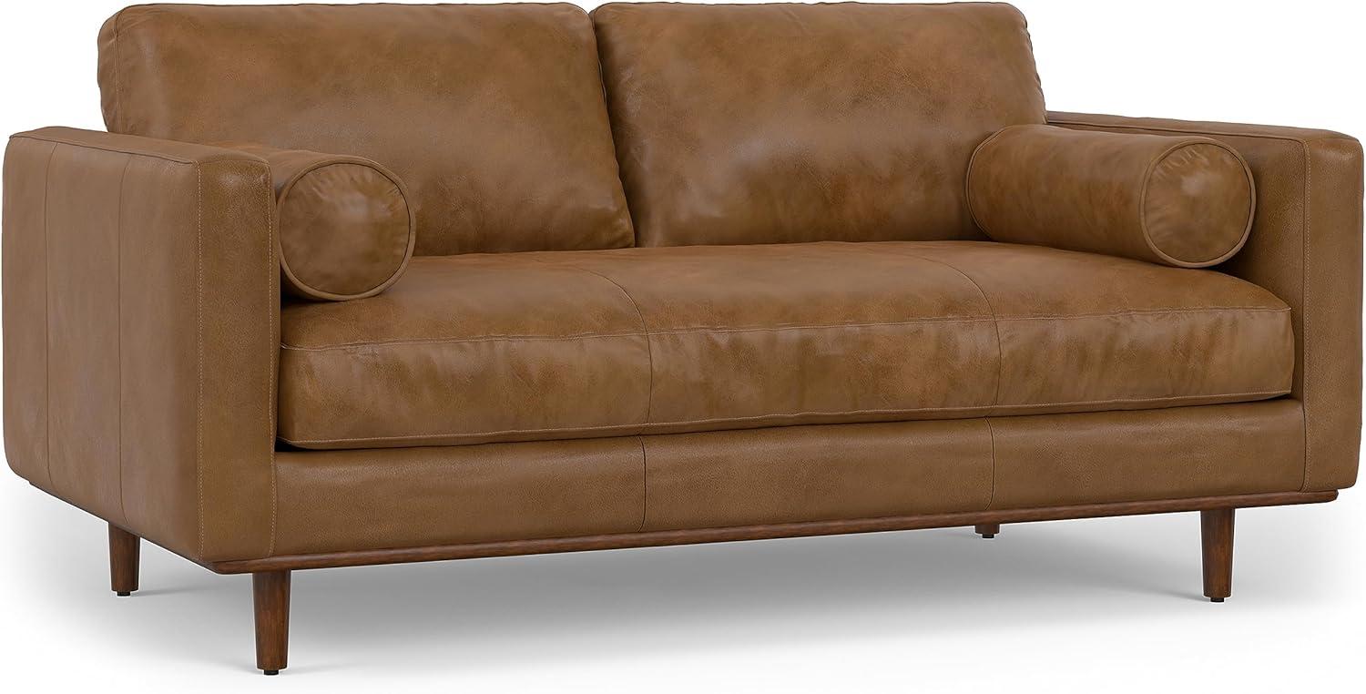 Simpli Home Morrison Mid-Century Modern 72 inch Wide Sofa in Caramel Brown Genuine Leather