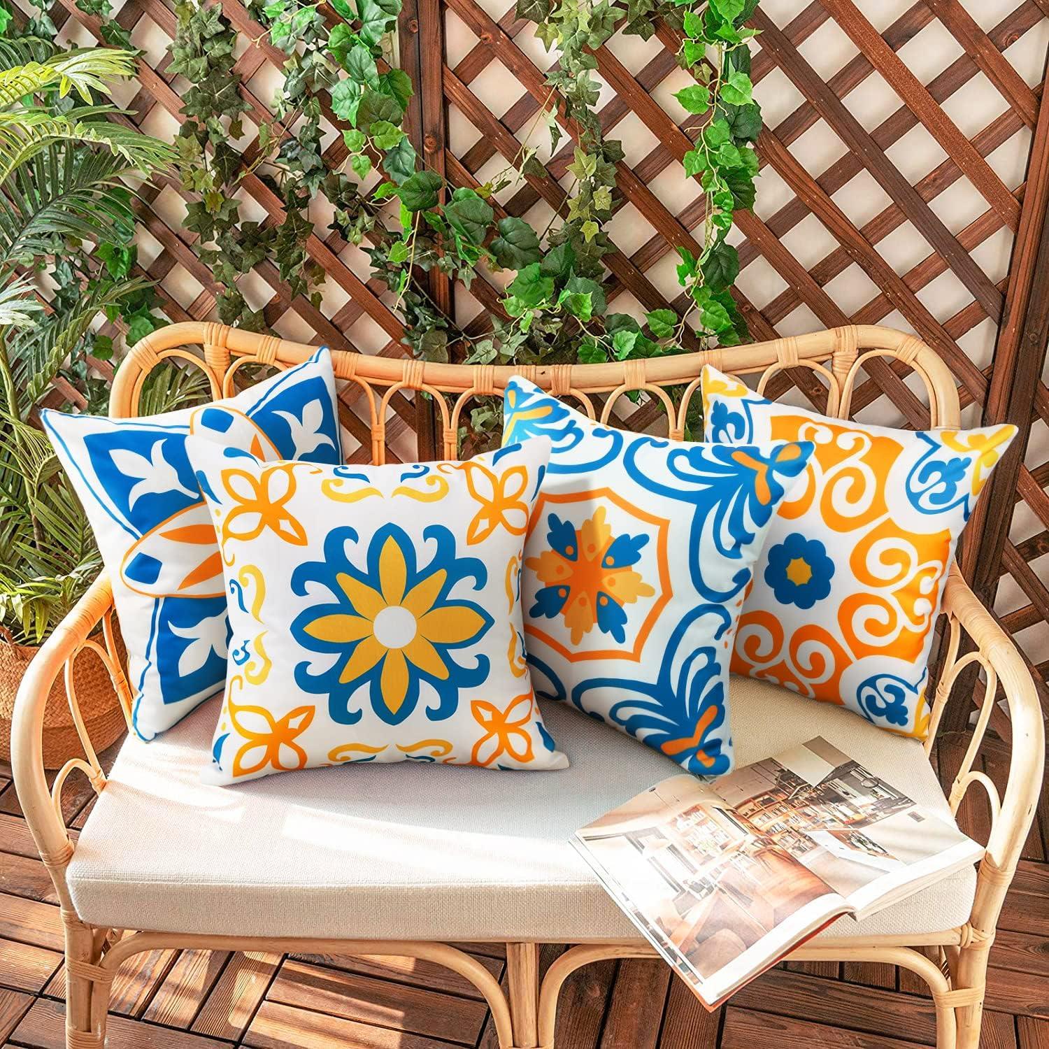 Set of 4 Blue and Orange Floral Waterproof Polyester Pillow Covers