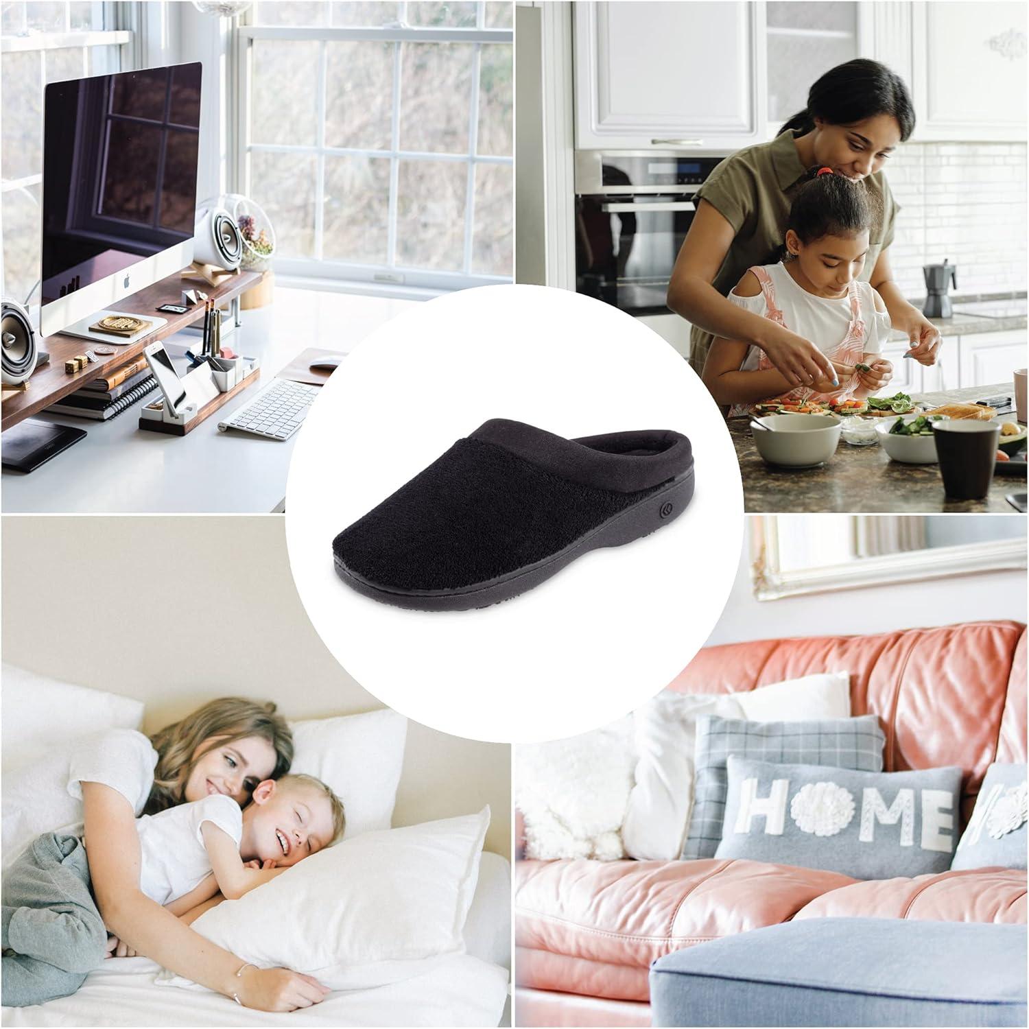 Isotoner Women's Terry and Satin Slip on Cushioned Slipper with Memory Foam for Indoor/Outdoor Comfort Flat Sandals BLK-8/9