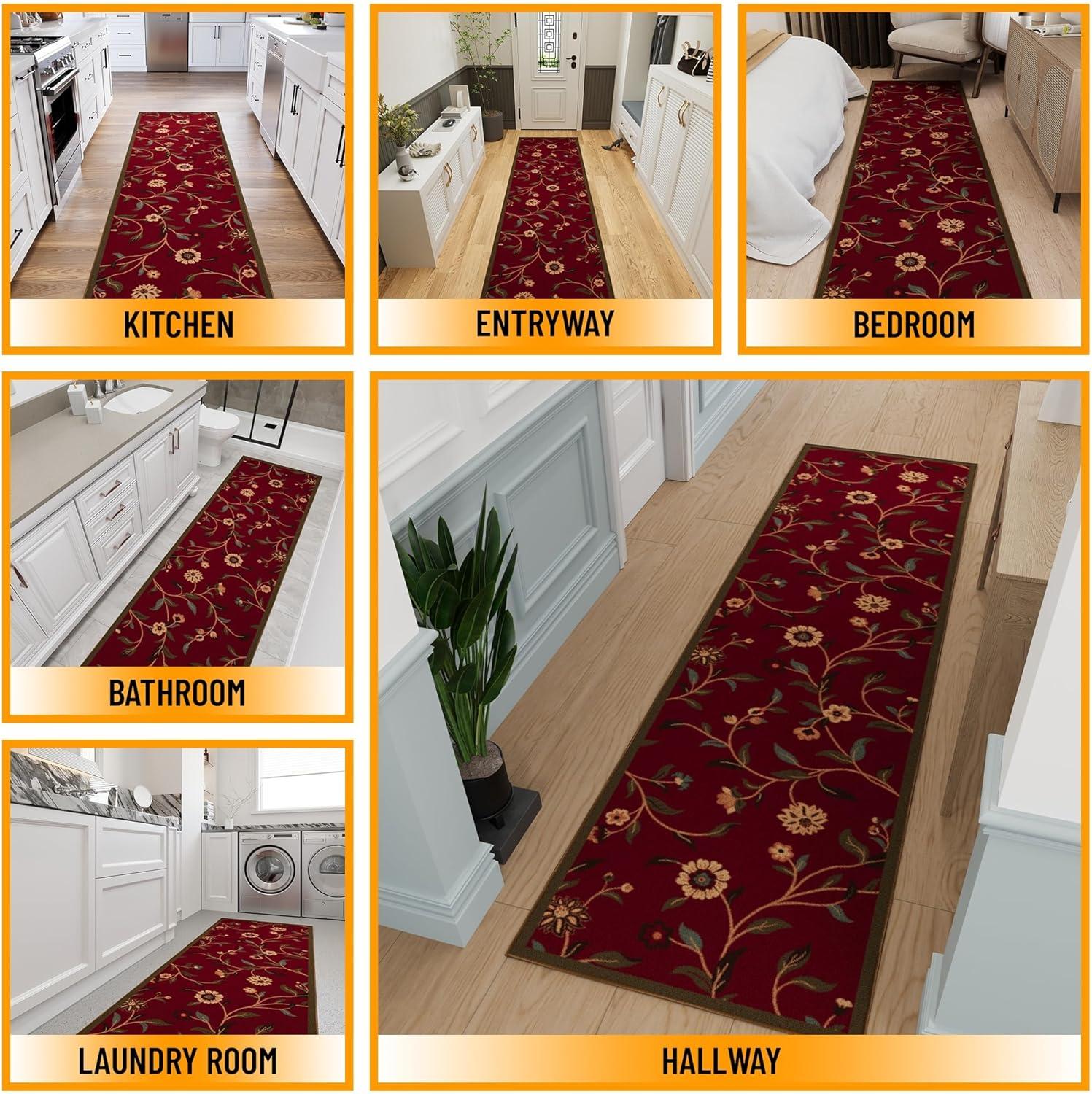 Ottohome Non-Slip Floral Leaves Area Rug For Living Room, Hallway, Entryway Rug, Dark Red