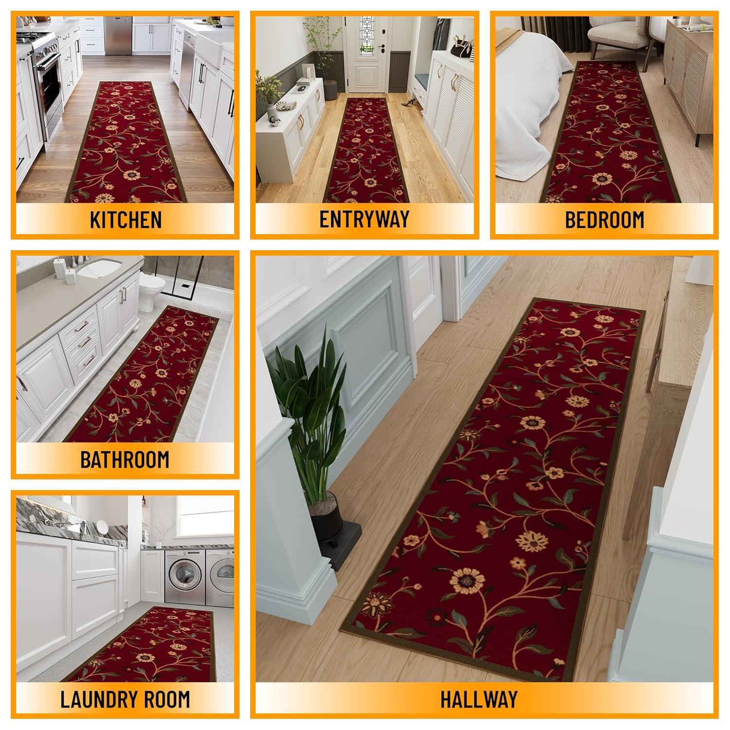 Ottohome Non-Slip Floral Leaves Area Rug For Living Room, Hallway, Entryway Rug, Dark Red