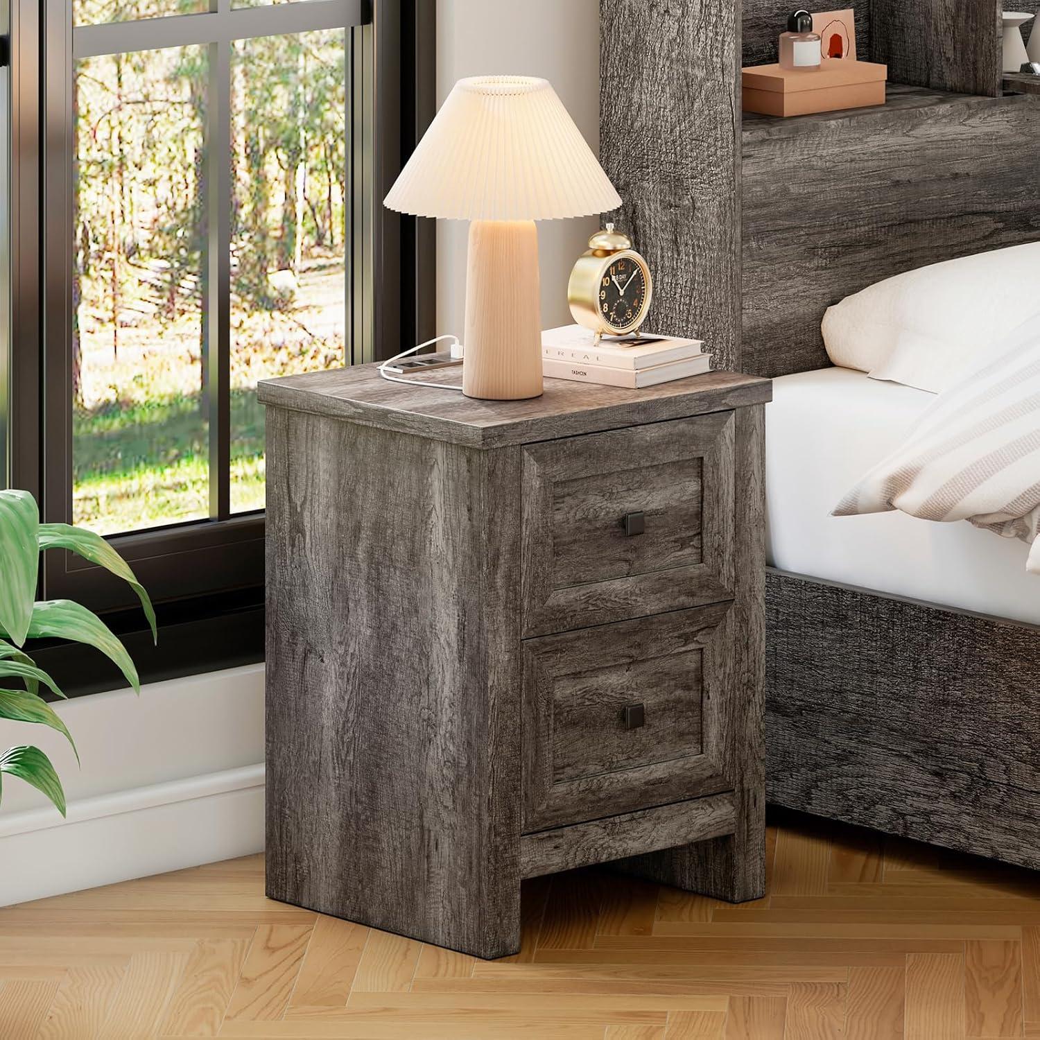 Merluxy Nightstand Set of 2 with Charging Station, Wood End Table with 2 Drawers Storage Cabinet Grey