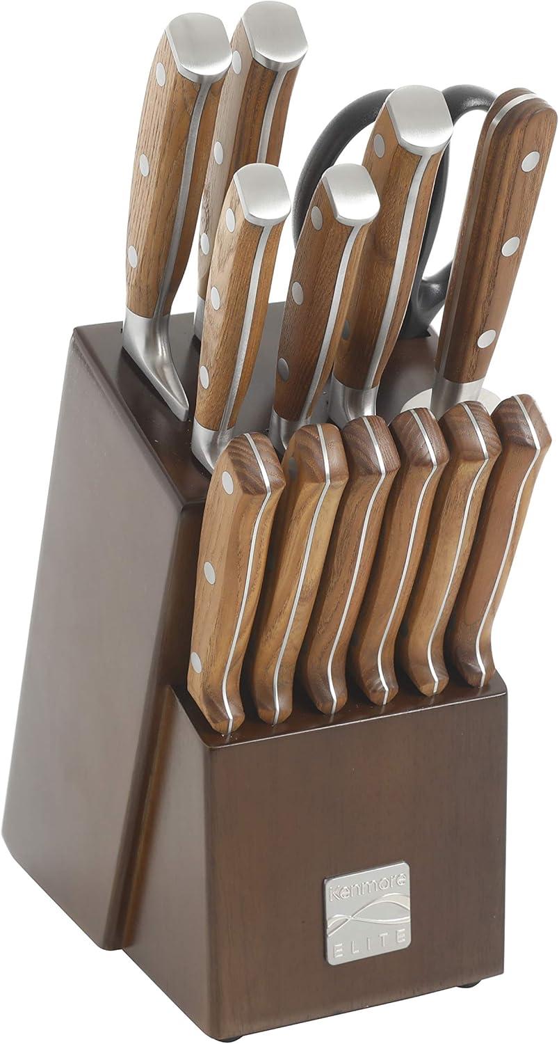 Kenmore Elite 14-Piece Stainless Steel Knife Set with Walnut Block