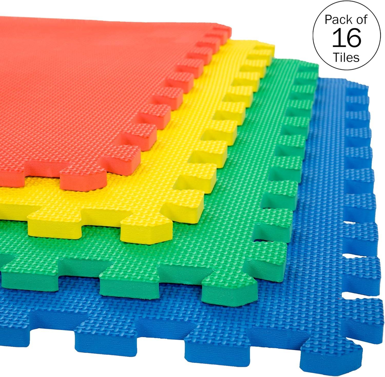 Foam Flooring Tiles – 16-Pack Interlocking EVA Foam Pieces – Non-Toxic Floor Padding for Playroom, Gym, or Basement by Stalwart (Multi-Colored)