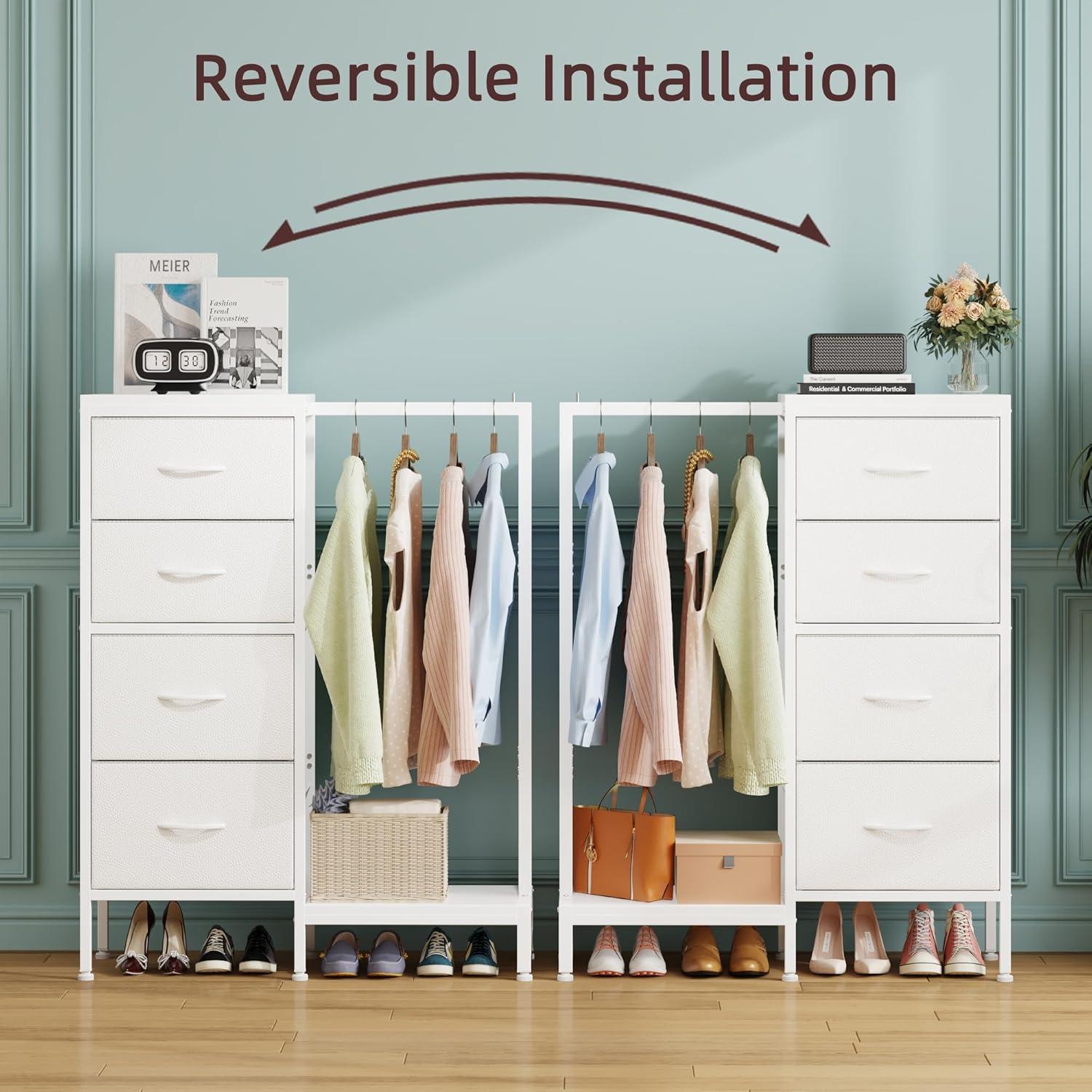 Dresser with Hanging Rack, 4 Drawers Small Closet for Bedroom, Reversible Fabric Chest of Drawers with Clothes Rack, Tall Storage Tower, Sturdy Frame, White, 44''H