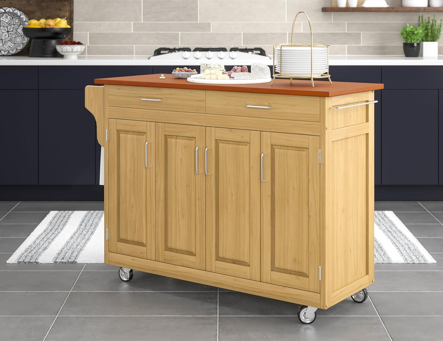 Natural Wood Kitchen Cart with Oak Top and Storage