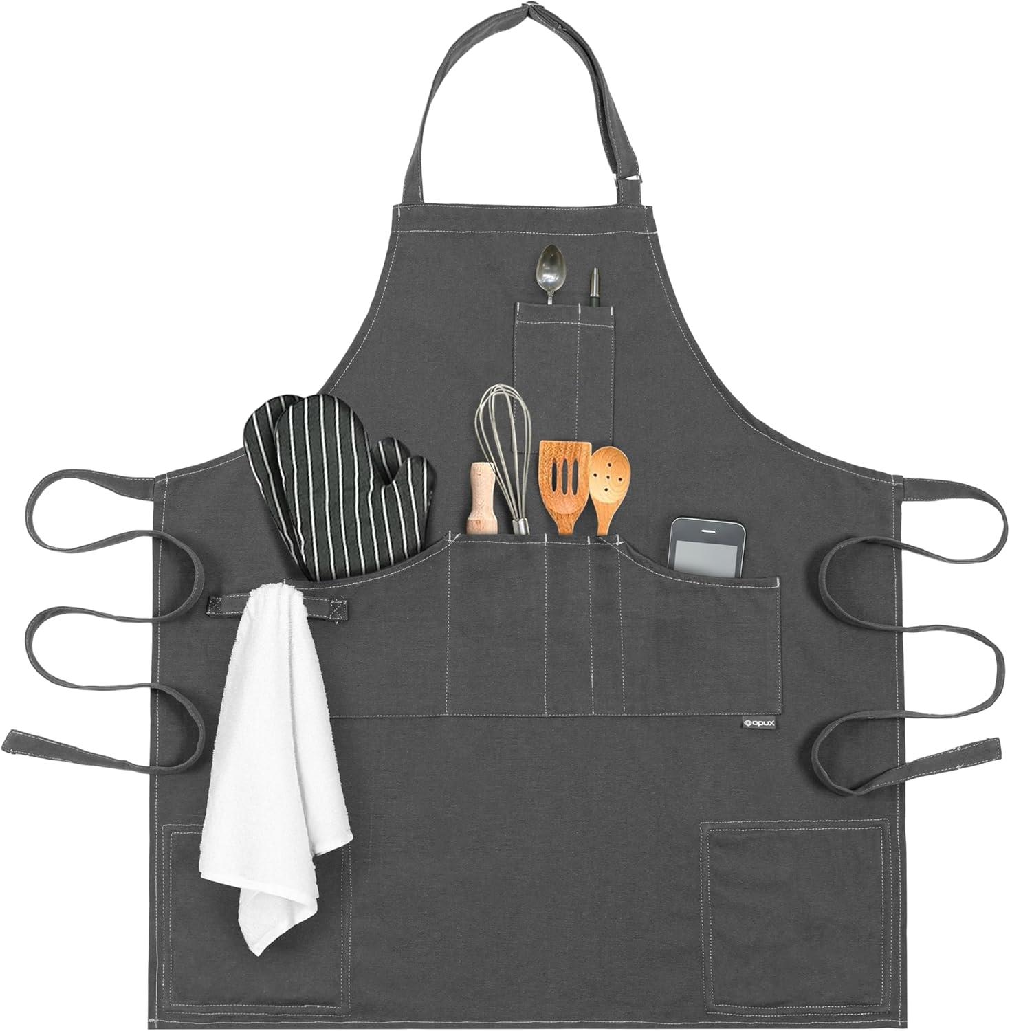 OPUX Chef Apron for Men, Kitchen Apron with Pockets for Women, Large Unisex Canvas Apron for Cooking Grilling BBQ Baking. (Grey)