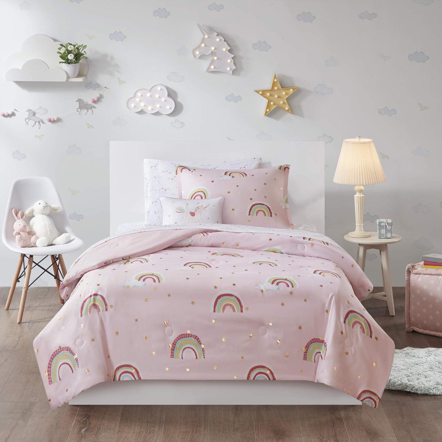 Intelligent Design Kids Alicia Rainbow and Metallic Stars Comforter Set with Bed Sheets