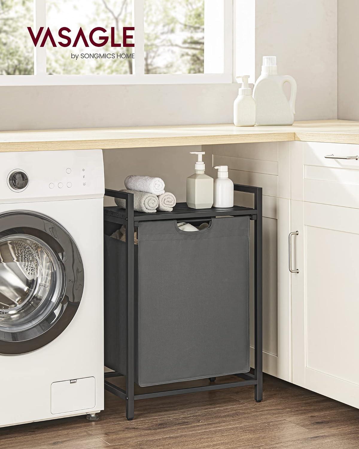 VASAGLE Laundry Hamper, Laundry Basket, Laundry Sorter with A Pull-Out and Removable Bag, Shelf, Metal Frame, 17.2 Gallons (65 L), 19.7 x 13 x 28.4 Inches, Gray and Black UBLH101G01