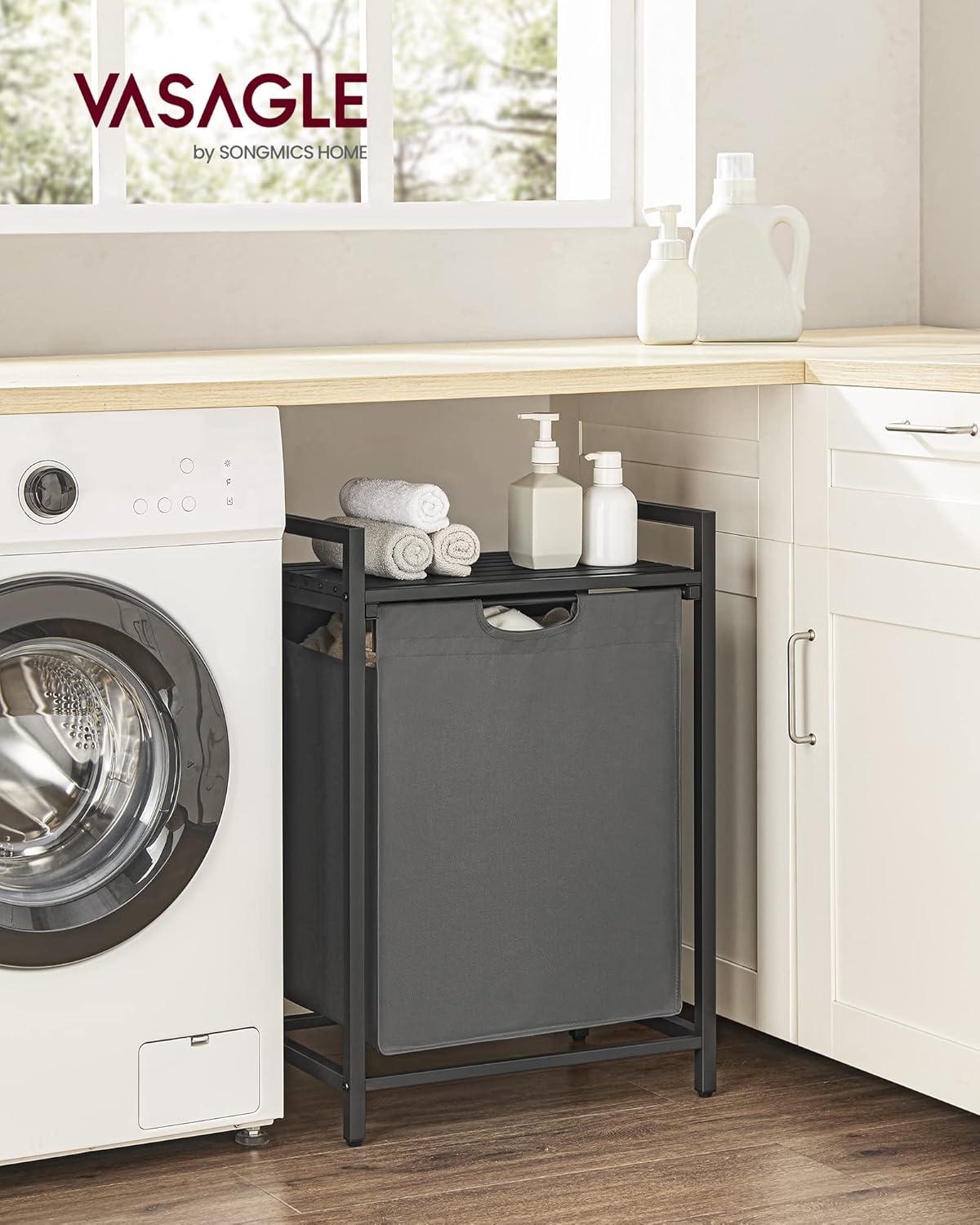 VASAGLE Laundry Hamper, Laundry Basket, Laundry Sorter with A Pull-Out and Removable Bag, Shelf, Metal Frame, 17.2 Gallons (65 L), 19.7 x 13 x 28.4 Inches, Gray and Black UBLH101G01
