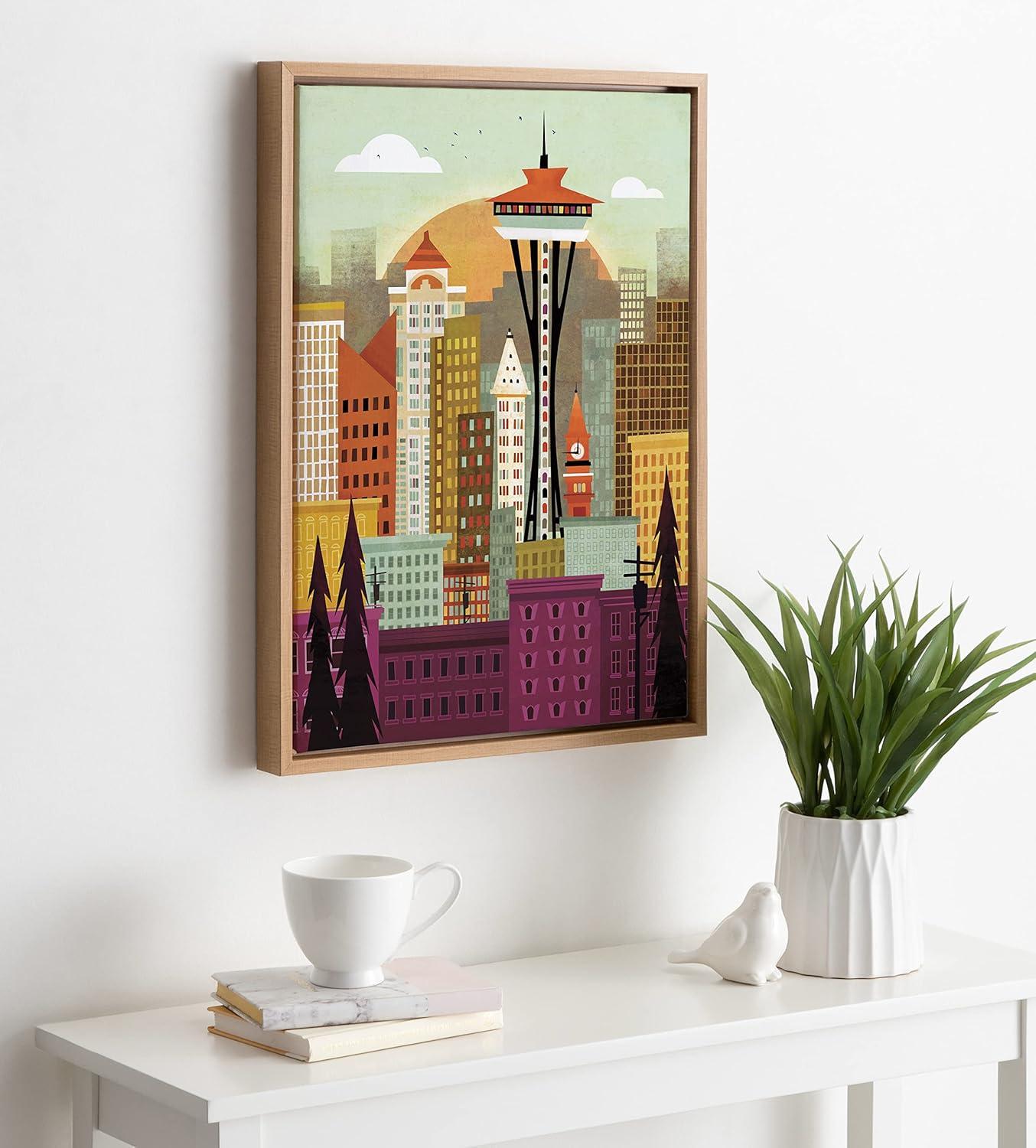 Kate and Laurel Sylvie Seattle Skyline Framed Canvas Wall Art by Amber Leaders Designs, 18x24 Natural, Fun Illustrated City Skyline Art for Wall