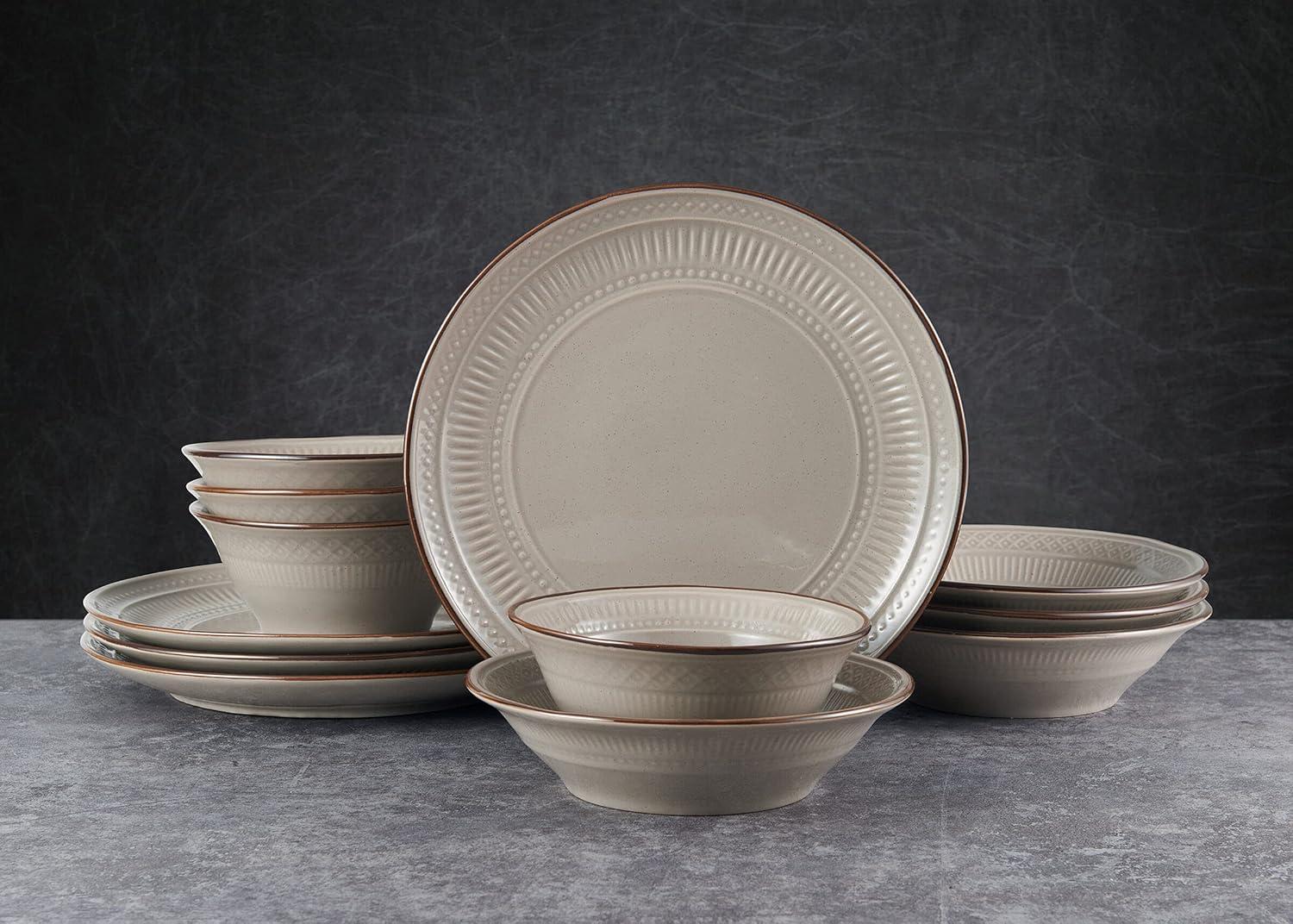 Easton Taupe Ceramic 12 Piece Dinnerware Set, Service for 4