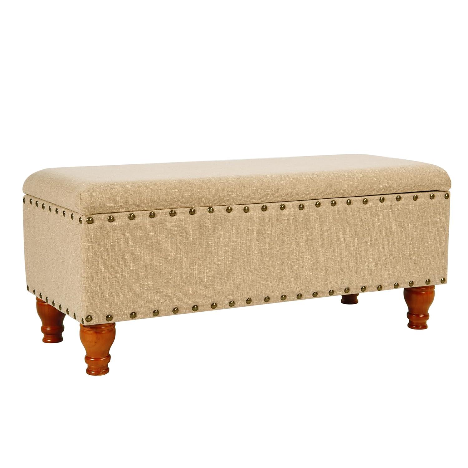 Large Storage Bench with Nailhead Tan - HomePop: Upholstered, Wood Legs, Hinged Lid