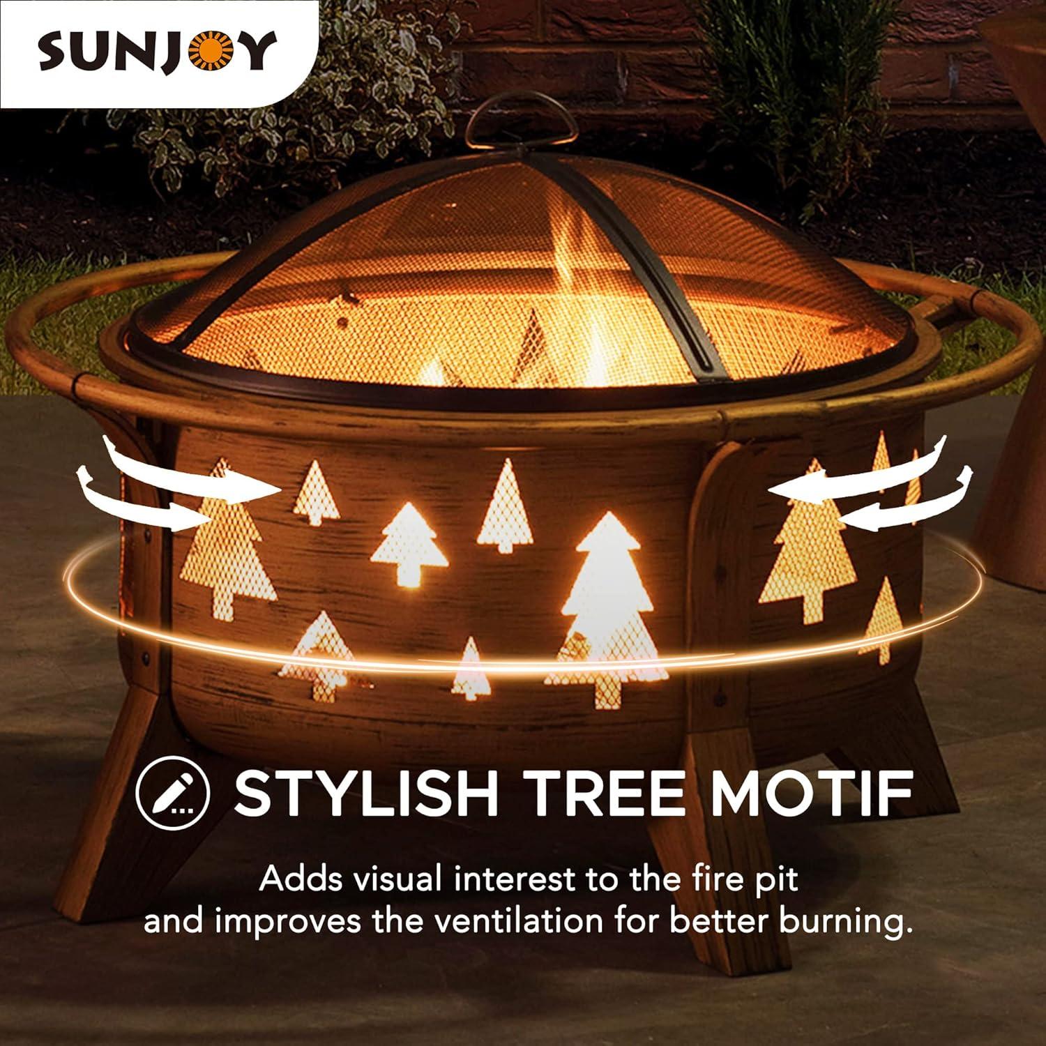 SUNJOY Fire Pit 30 Inch Outdoor Wood-Burning Fire Pit, Patio Tree Motif Round Steel Firepit Large Fire Pits for Outside with Spark Screen and Poker