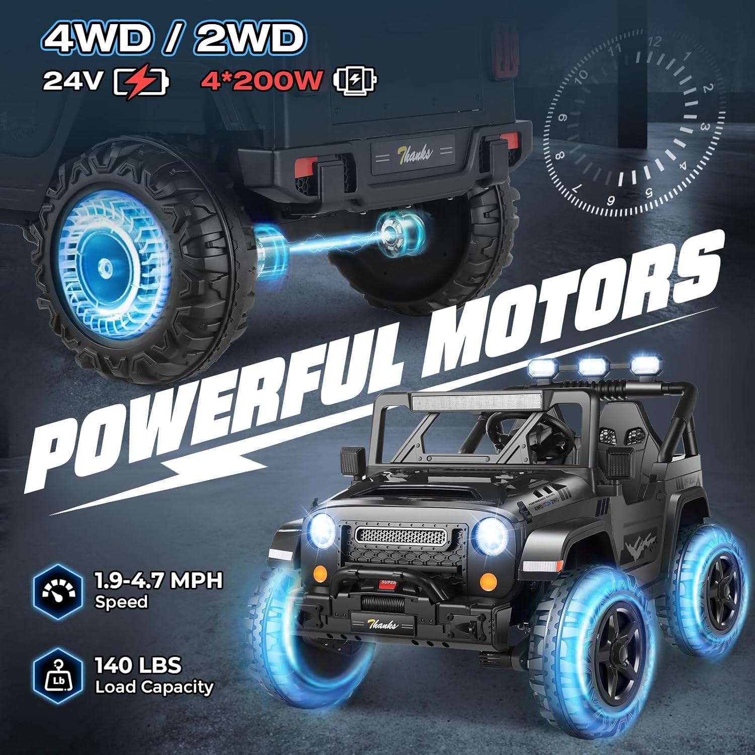 Ancheer Alex 24V 4WD//2WD Ride On Jeep Truck,2 Seater Kids UTV With 4X200w Powerful Engine,Remote Control,Bluetooth,20 Wide Seat,Vehicles for Kids Toddlers