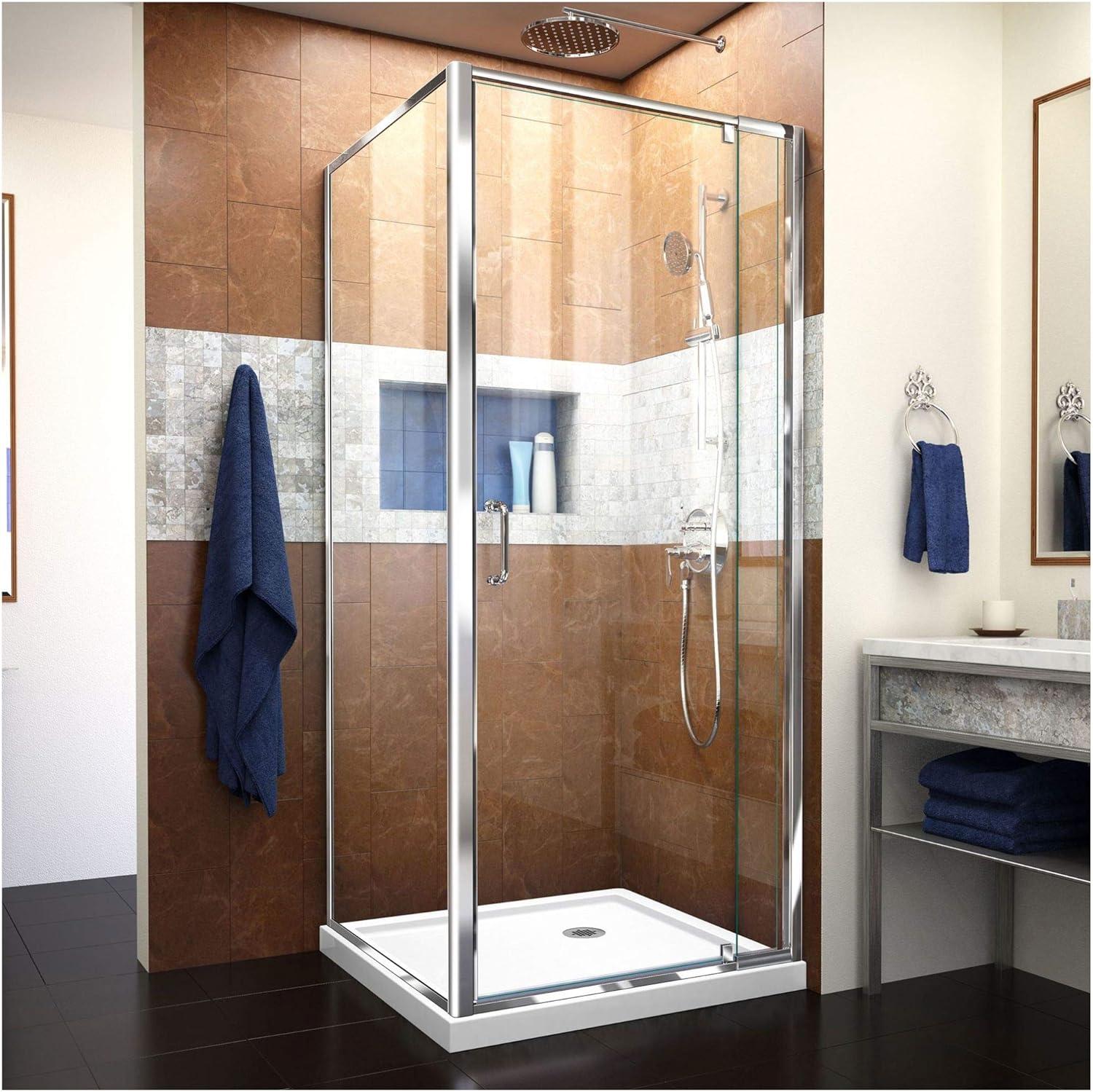 DreamLine Flex 32 in. D x 32 in. W x 74 3/4 in. H Semi-Frameless Pivot Shower Enclosure in Chrome with Corner Drain White Base