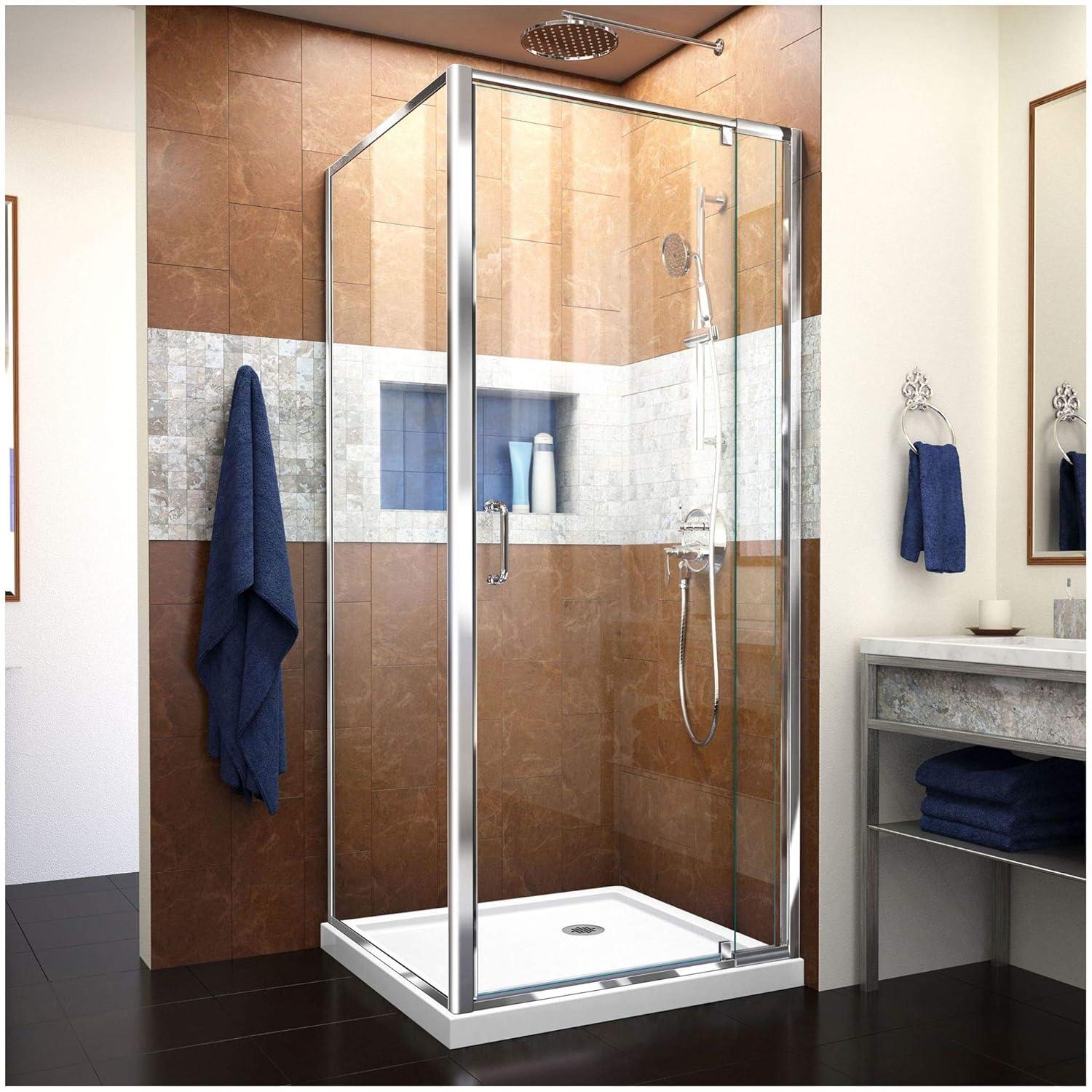 DreamLine Flex 32 in. D x 32 in. W x 74 3/4 in. H Semi-Frameless Pivot Shower Enclosure in Chrome with Corner Drain White Base