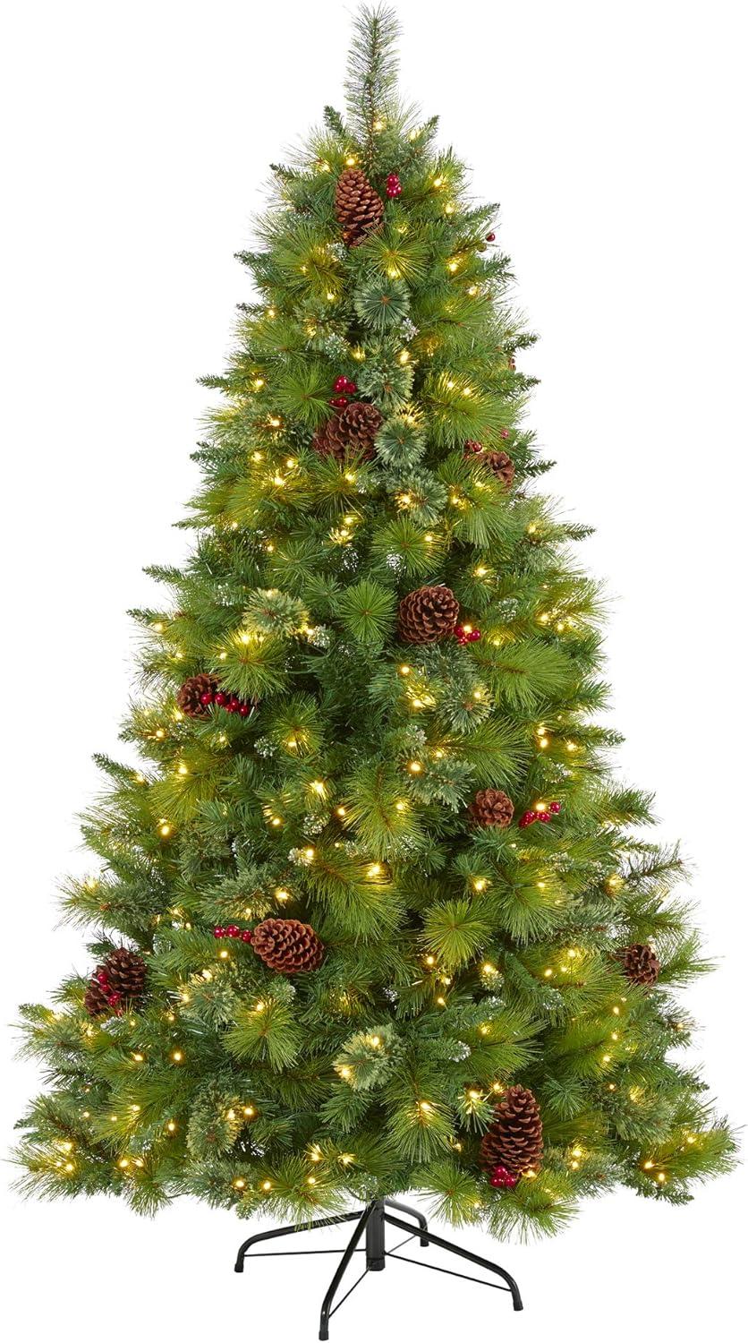 6ft Green Pine Artificial Christmas Tree with LED Lights and Pine Cones